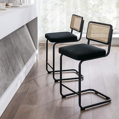 HBBOOMLIFE Counter Height Barstools Set of 2  24'' Modern  Stools  Mid Century Cantilevered Design Counter Chairs with Natural Cane Mesh  Black Velvet Upholstered Stools for Kitch