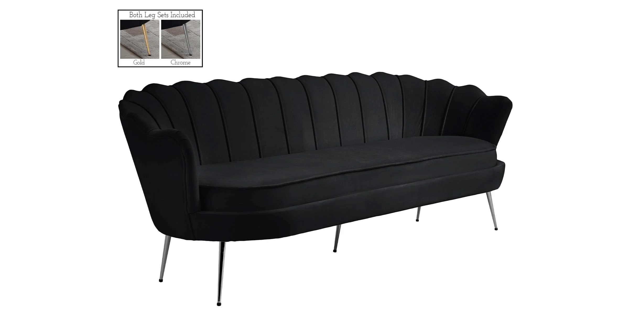 Glam BLACK Velvet Channel Tufted Sofa GARDENIA 684Black-S Meridian Contemporary