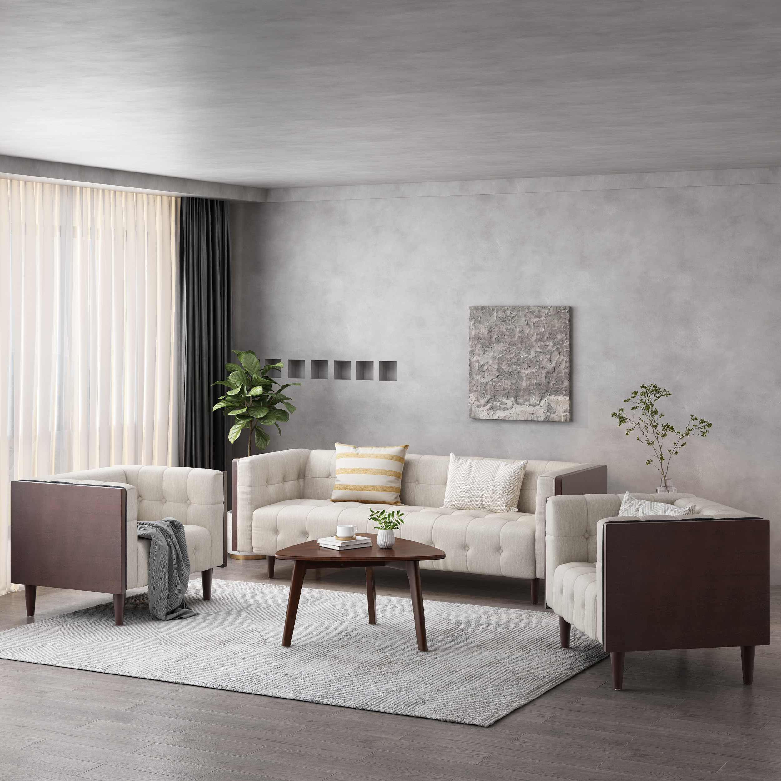 GDF Studio Croton Contemporary Fabric Tufted 3 Piece Living Room Sofa Set, Beige and Brown