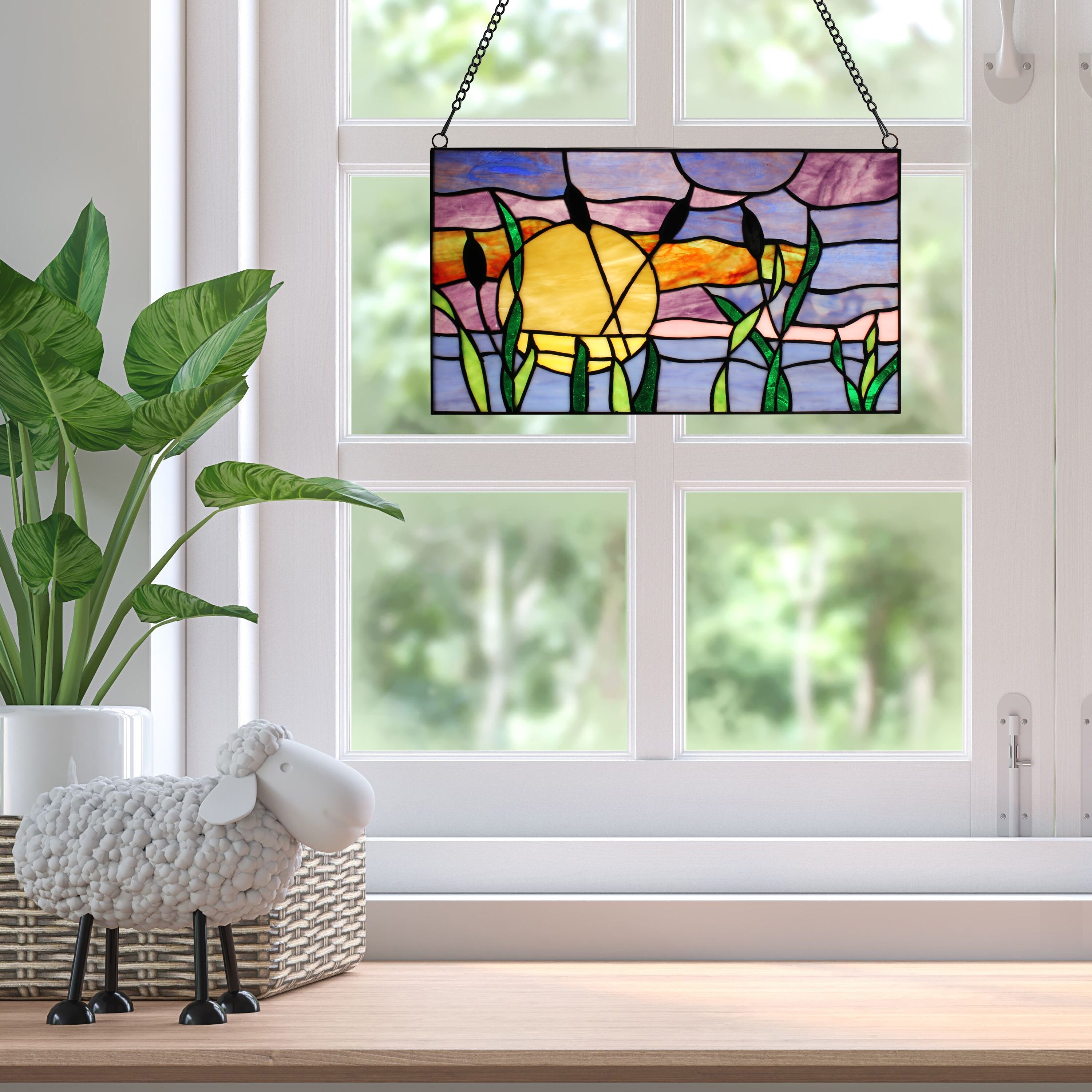 River of Goods Cattails Sunset Multicolored Stained Glass Window Panel - 14