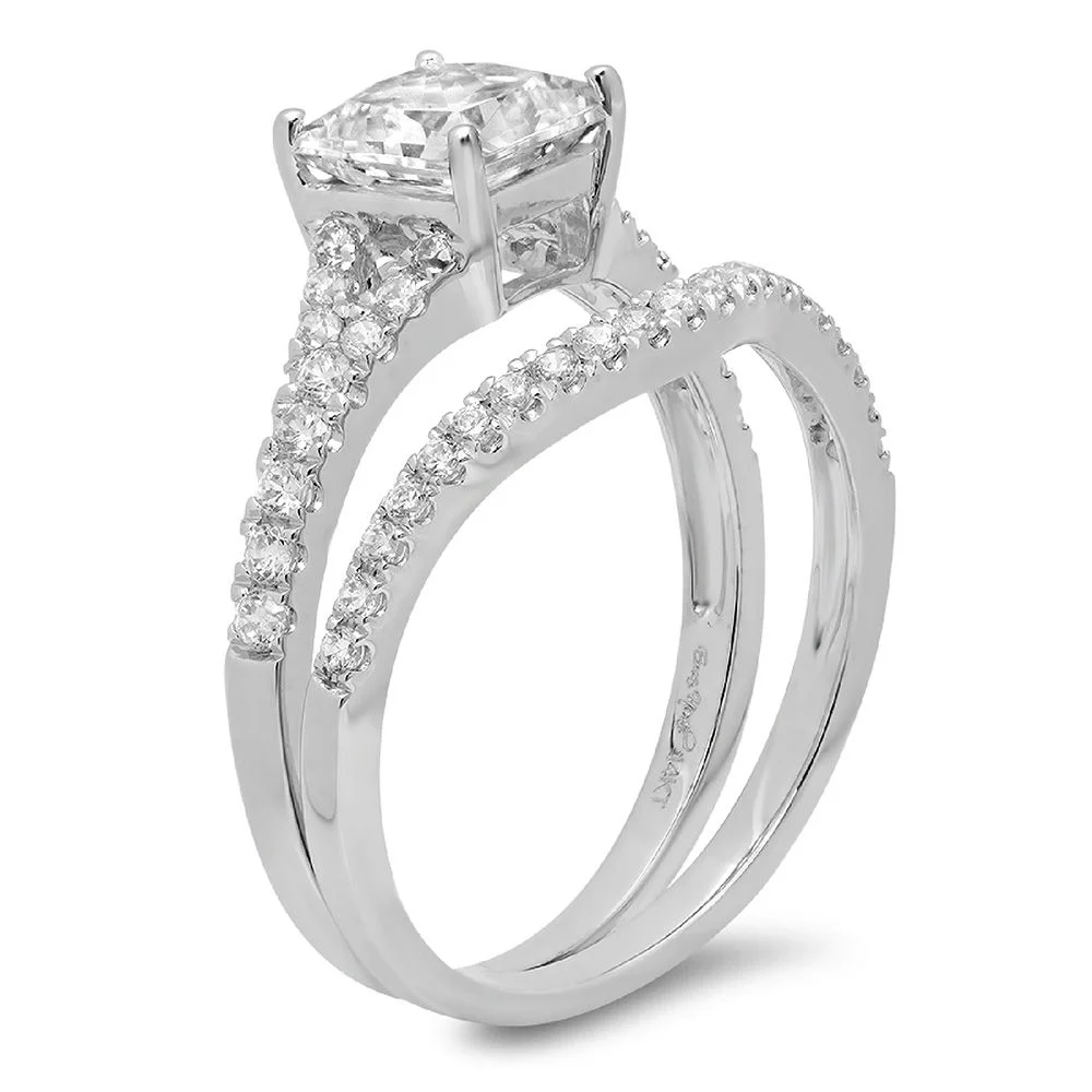 3.36 ct Princess Cut Genuine Cultured Diamond VS1-VS2 G-H 18K White Gold Engagement Wedding Bridal Set Designer Ring bW/ Set W/ Crystal side stones size 3.5