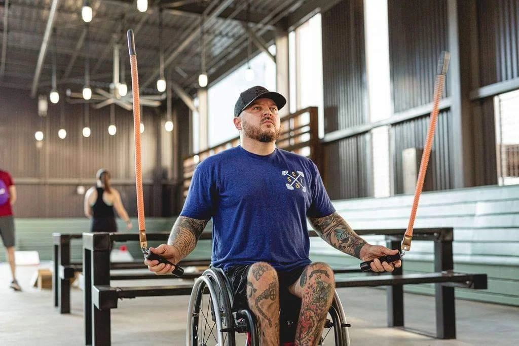 Mute Sports Equipment Split Ropes® Seated Adaptive Jump Rope CALF 4 oz. per side and BULL Split Ropes 8 oz. per side for wheelchair users.