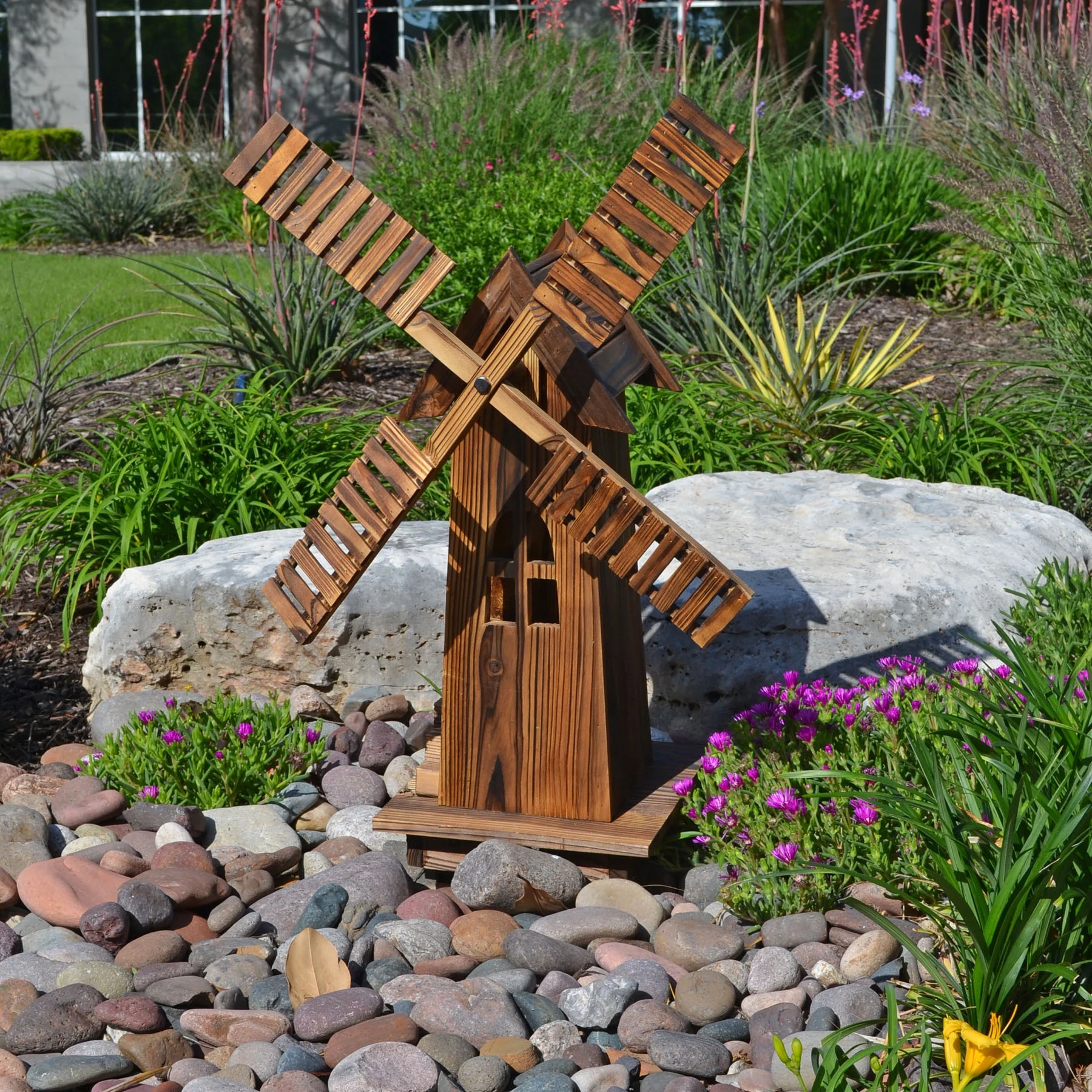 Westcharm 34 in. Tall Classic Wooden Dutch Windmill Sculpture Backyard Decorations - Old-Fashioned Kinetic Wind Spinner for Garden Patio, Rustic Brown
