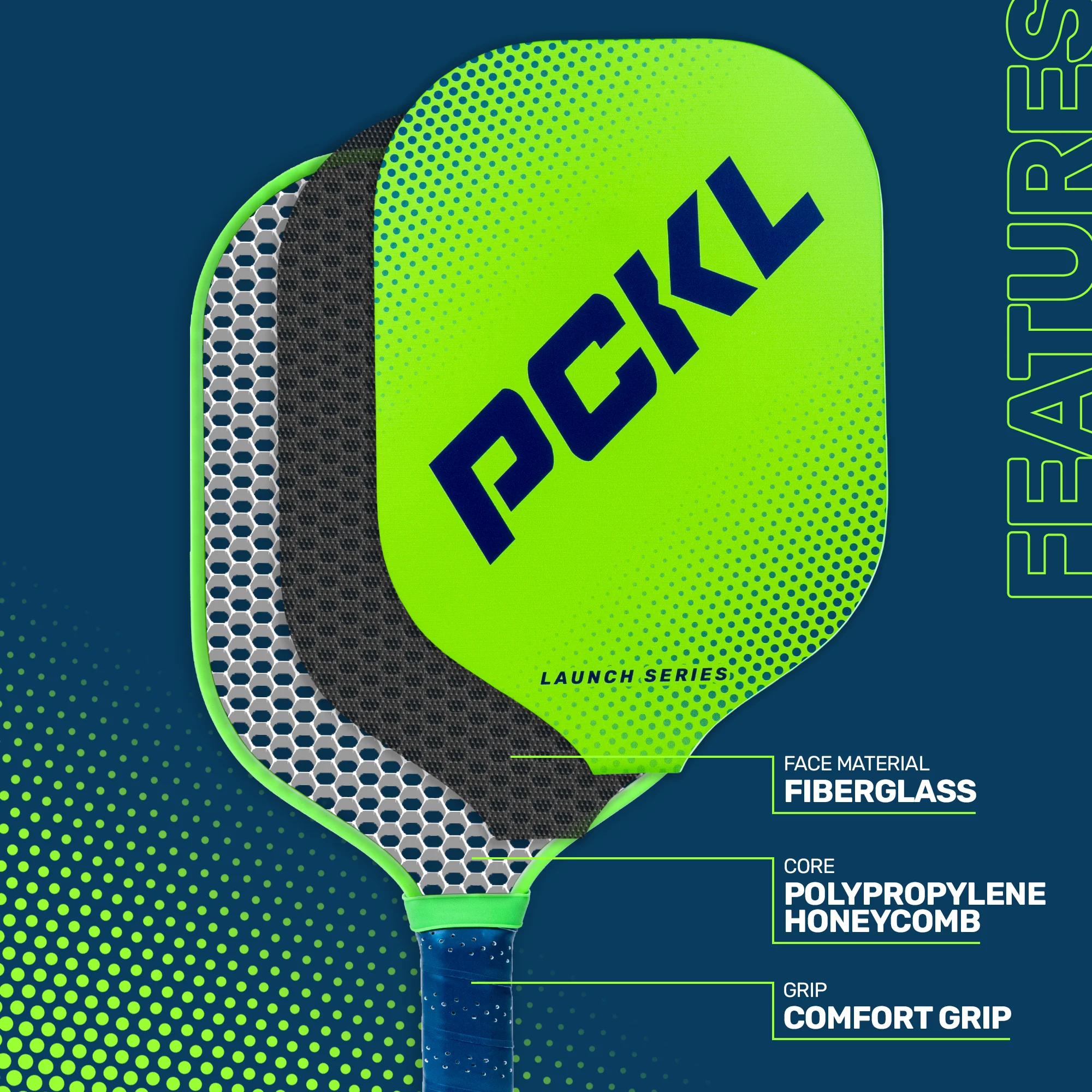 PCKL Premium Pickleball Paddle Racket | USA Pickleball Approved | Large Fiberglass Sweet Spot | Honeycomb Core
