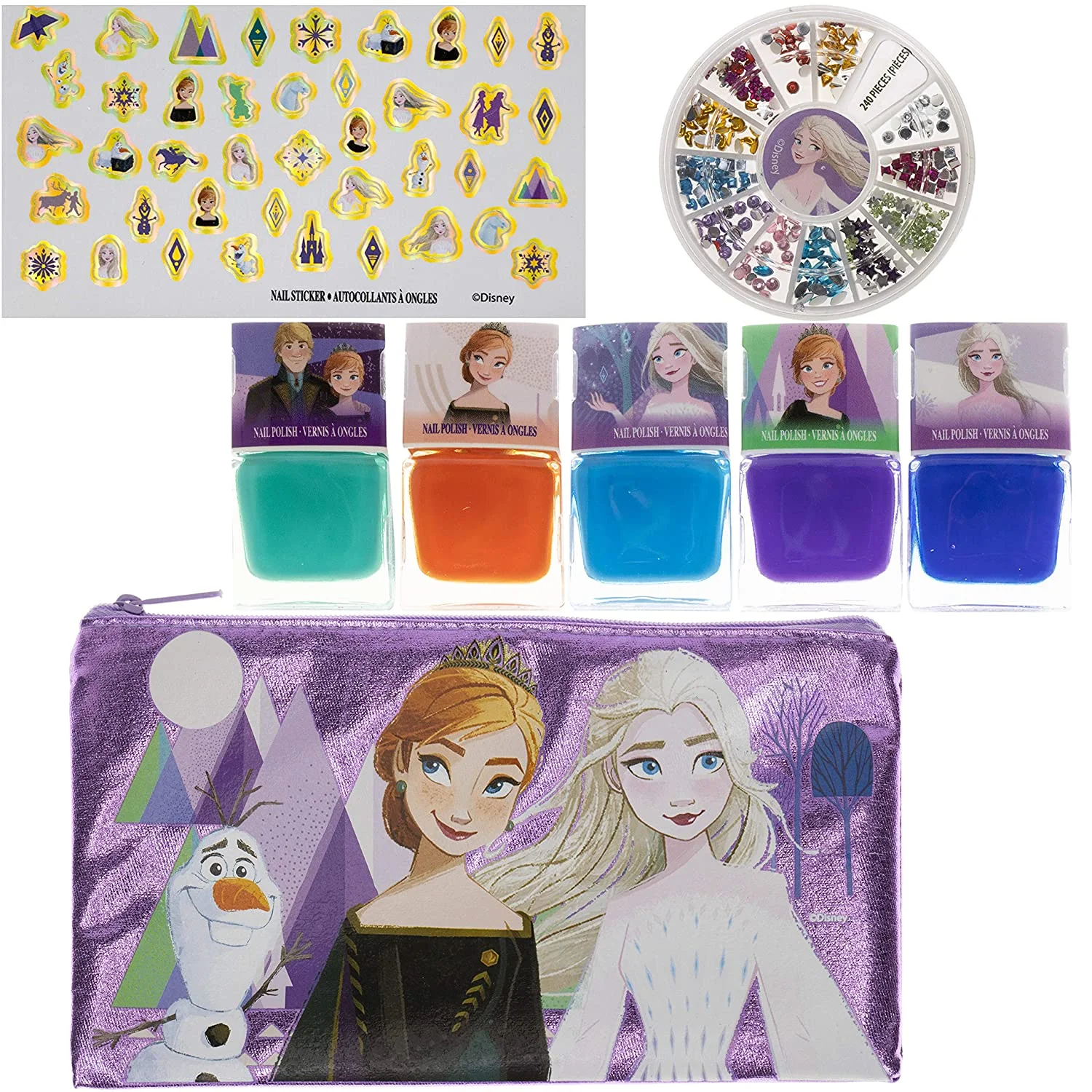 Disney Frozen 2 - Townley Girl Peel- Off Nail Polish Activity Set for Girls, Ages 3+ With 5 Nail Polish Colors, 240 Nail Gems, and Bag for Parties, Sleepovers and Makeovers