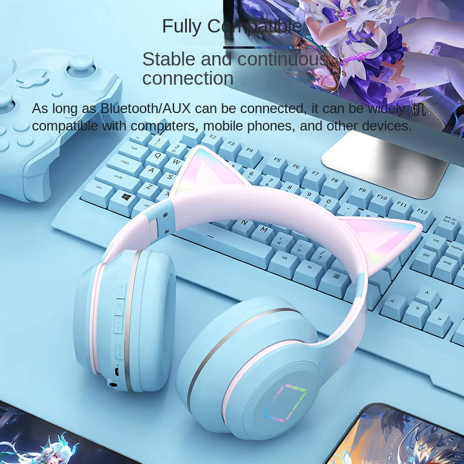 JUND Wireless Headphones Cat Ear LED Light up Bluetooth Gaming Headphones for Kids/Girls/Women, Color Changing Over Ear Headphones with Microphone