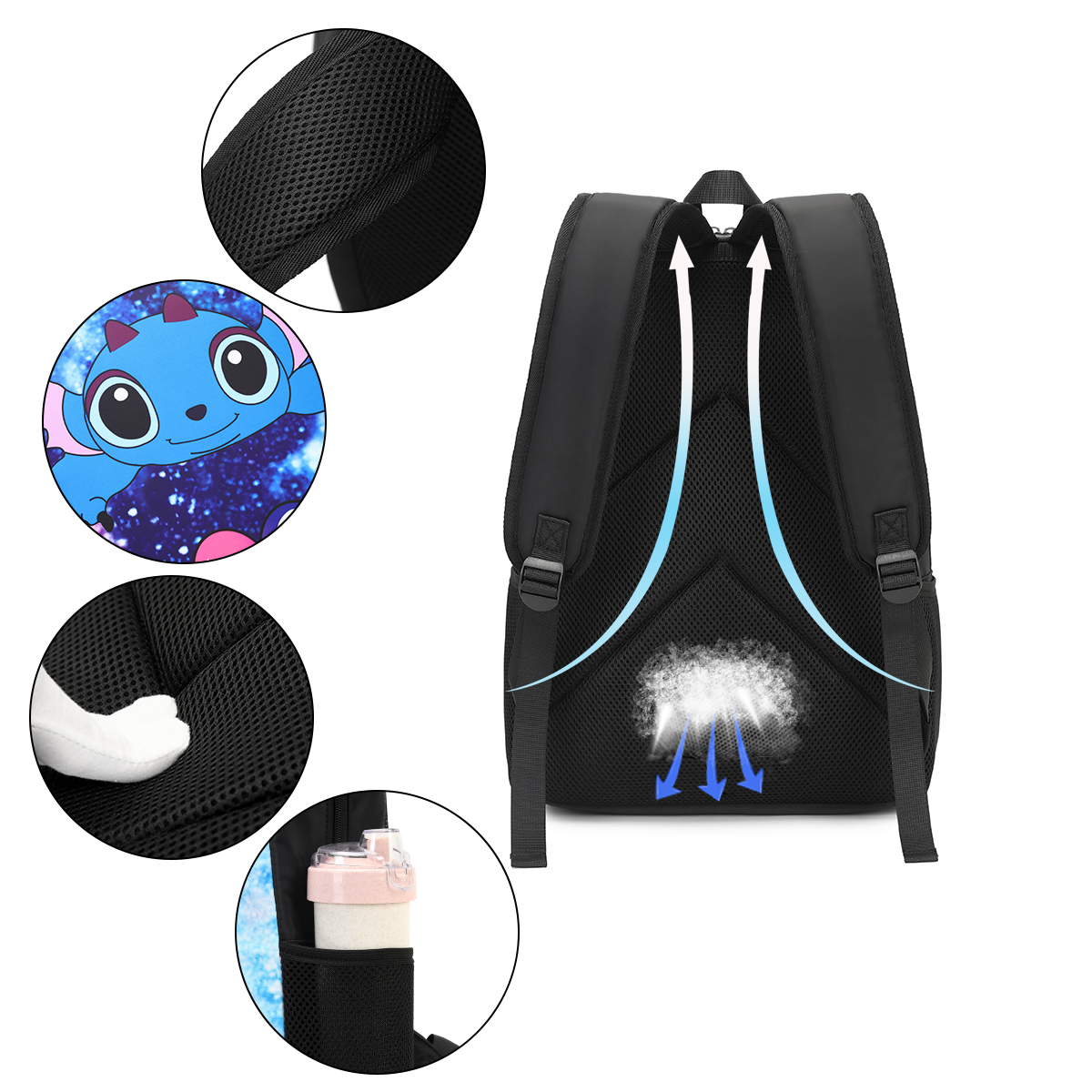 Asge Boys Girls Backpack Stitch Backpack Combo Set Adjustable Shoulder Strap Daypack With Shoulder Bag and Pencil Case 3 Piece Set