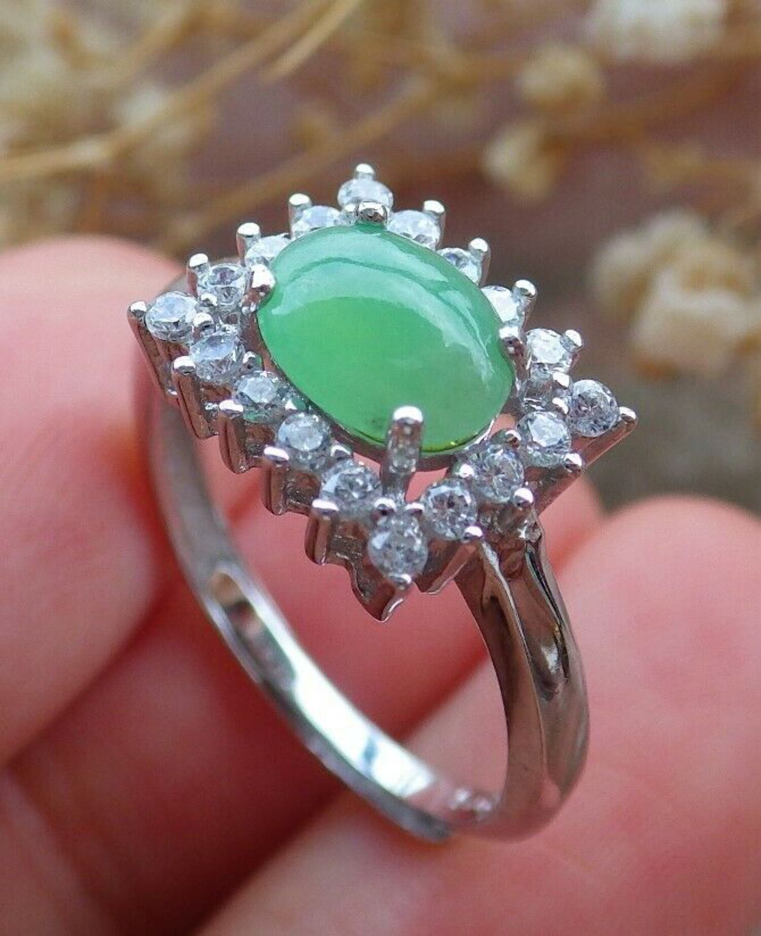 Certified Icy Green Silver 925 A Myanmar Burma JADE Jadeite Cabochon US 6.75 Ring ( Adjustable Ring )