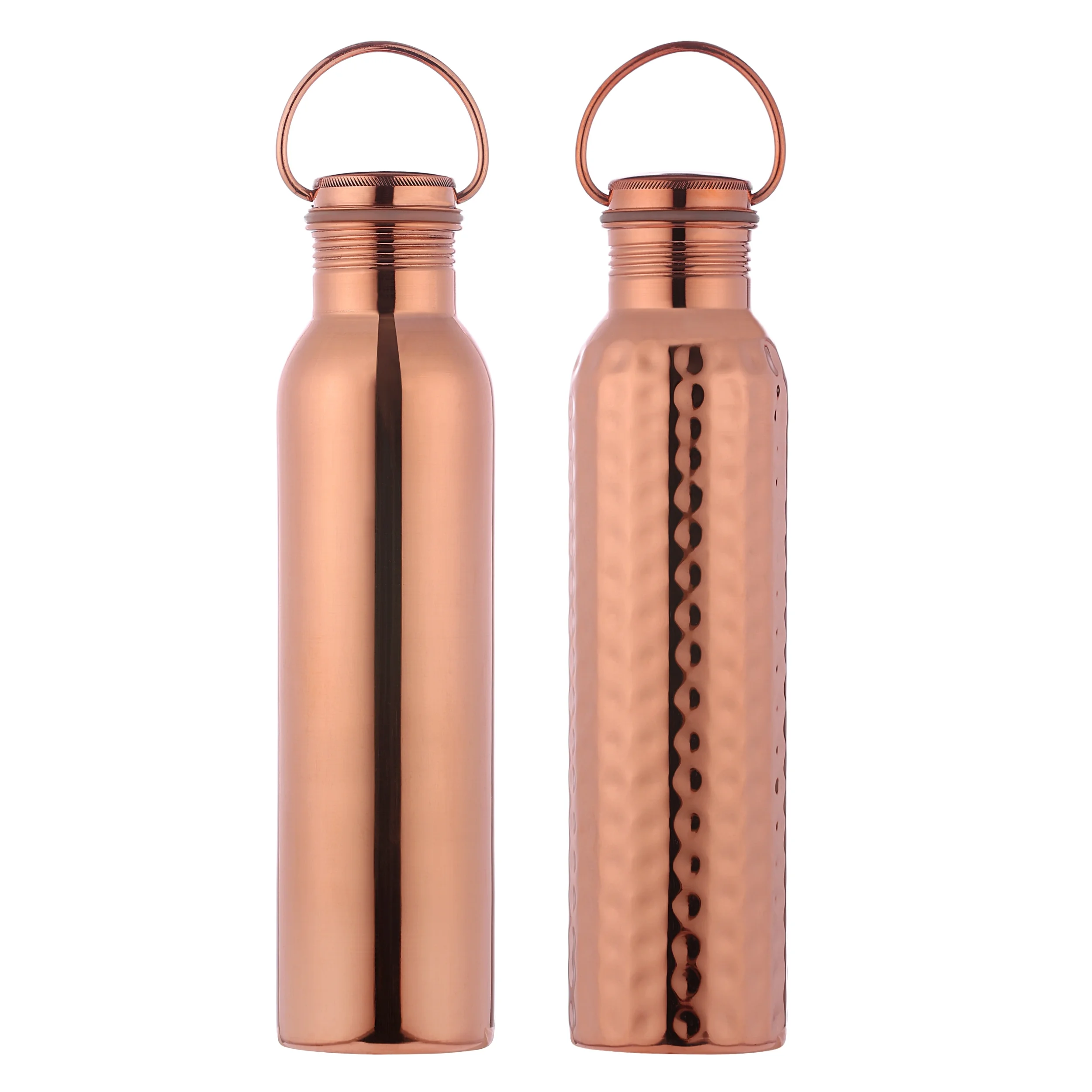 Set of Plain and Hammered Copper Water Bottle with Handle, 1000 Ml (33.81 Fl Oz) UNLINED, UNCOATED and LACQURED-FREE for Ayurveda Health Benefits