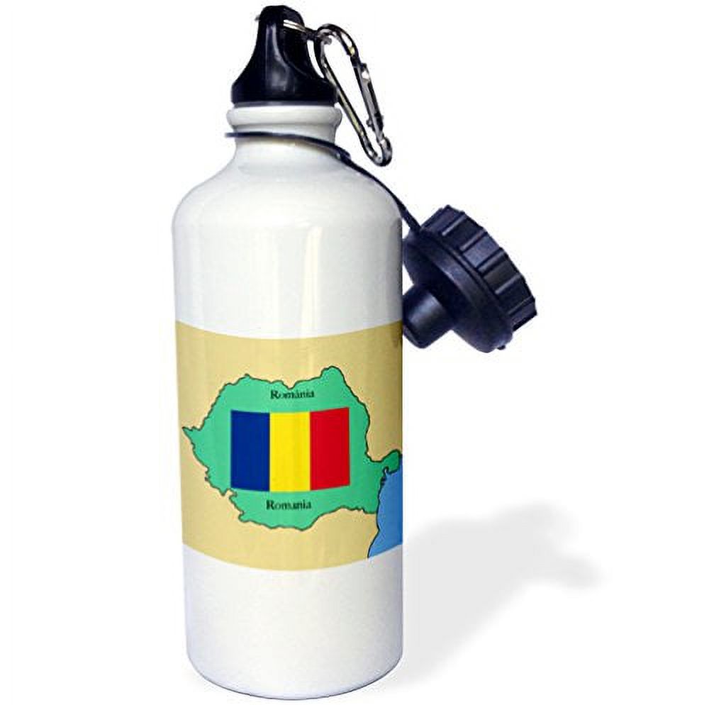 The map and flag of Romania with Romania printed in both English and Romanian. 21 oz Sports Water Bottle wb-39222-1
