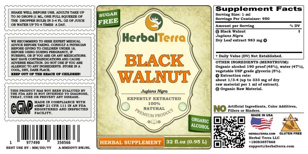 Black Walnut Dry Leaf Absolutely Natural Expertly Extracted by Trusted HerbalTerra Brand Certified Organic Alcohol-Based Liquid Extract. Proudly made in USA. Tincture 32 Fl.Oz