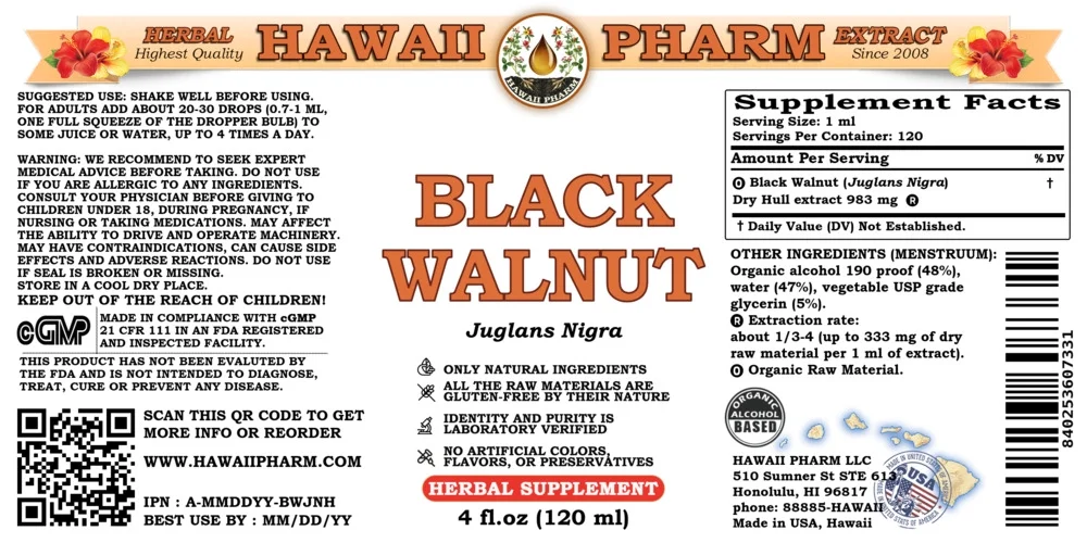 Black Walnut (Juglans Nigra) Dry Hull Liquid Extract. Expertly Extracted by Trusted HawaiiPharm Brand. Absolutely Natural. Proudly made in USA. Tincture 4 Fl.Oz
