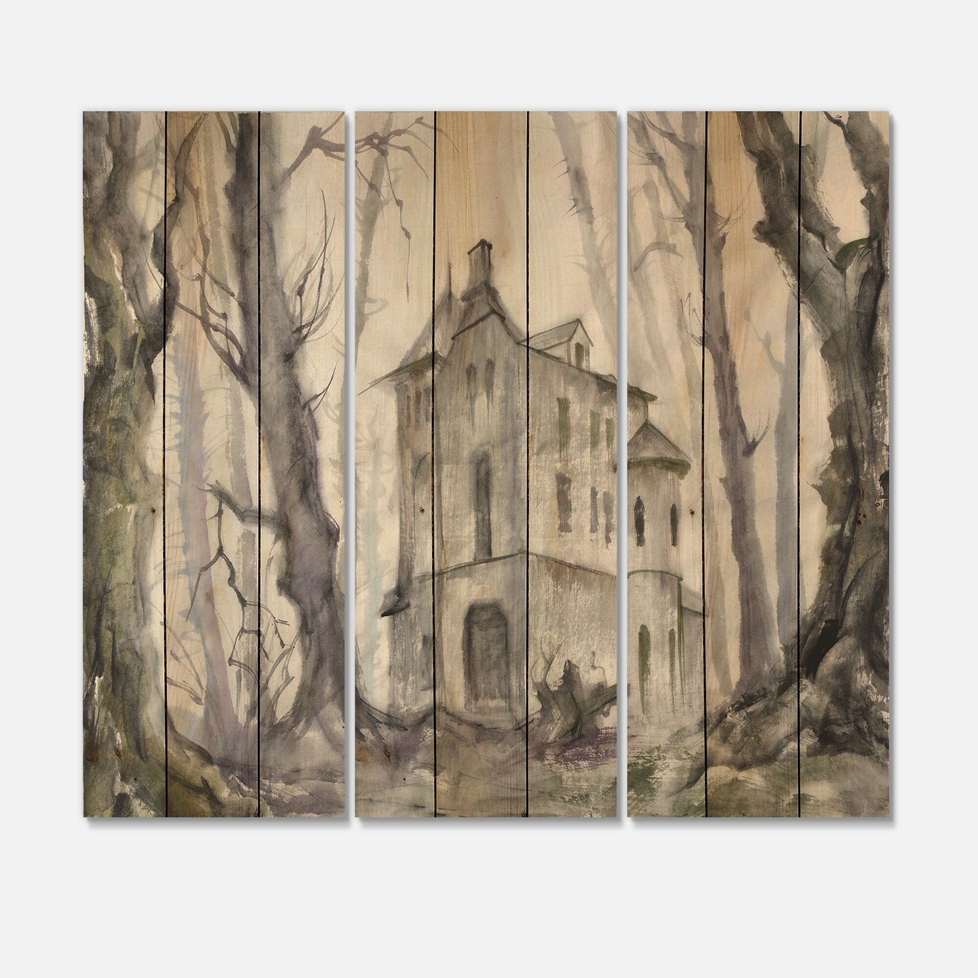 DESIGN ART Designart 'Haunted Castle In The Woods' Traditional Print on Natural Pine Wood - 3 Panels 45 inches x 40 inches - 3 Panels