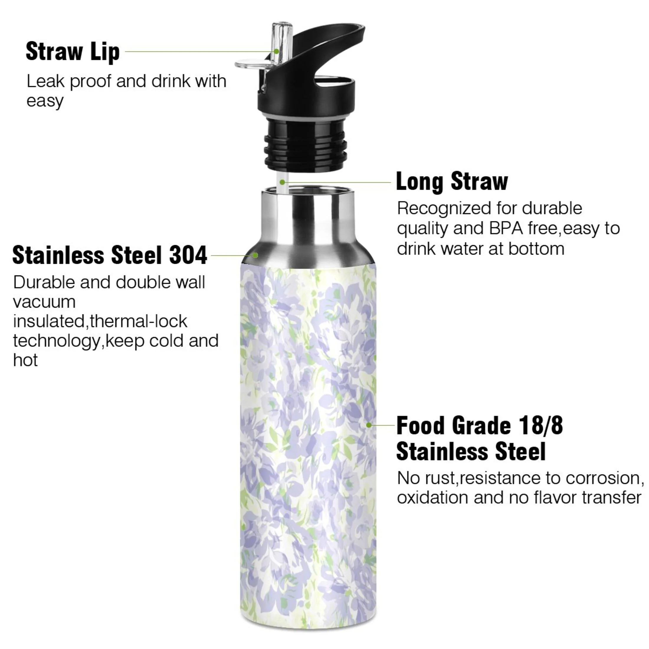 Stainless Steel Water Bottle Purple with Green Floral with Straw Lid Vacuum Insulated Leak Proof Flask Jug for Gym Travel Sports Cycling Outdoor 20 OZ