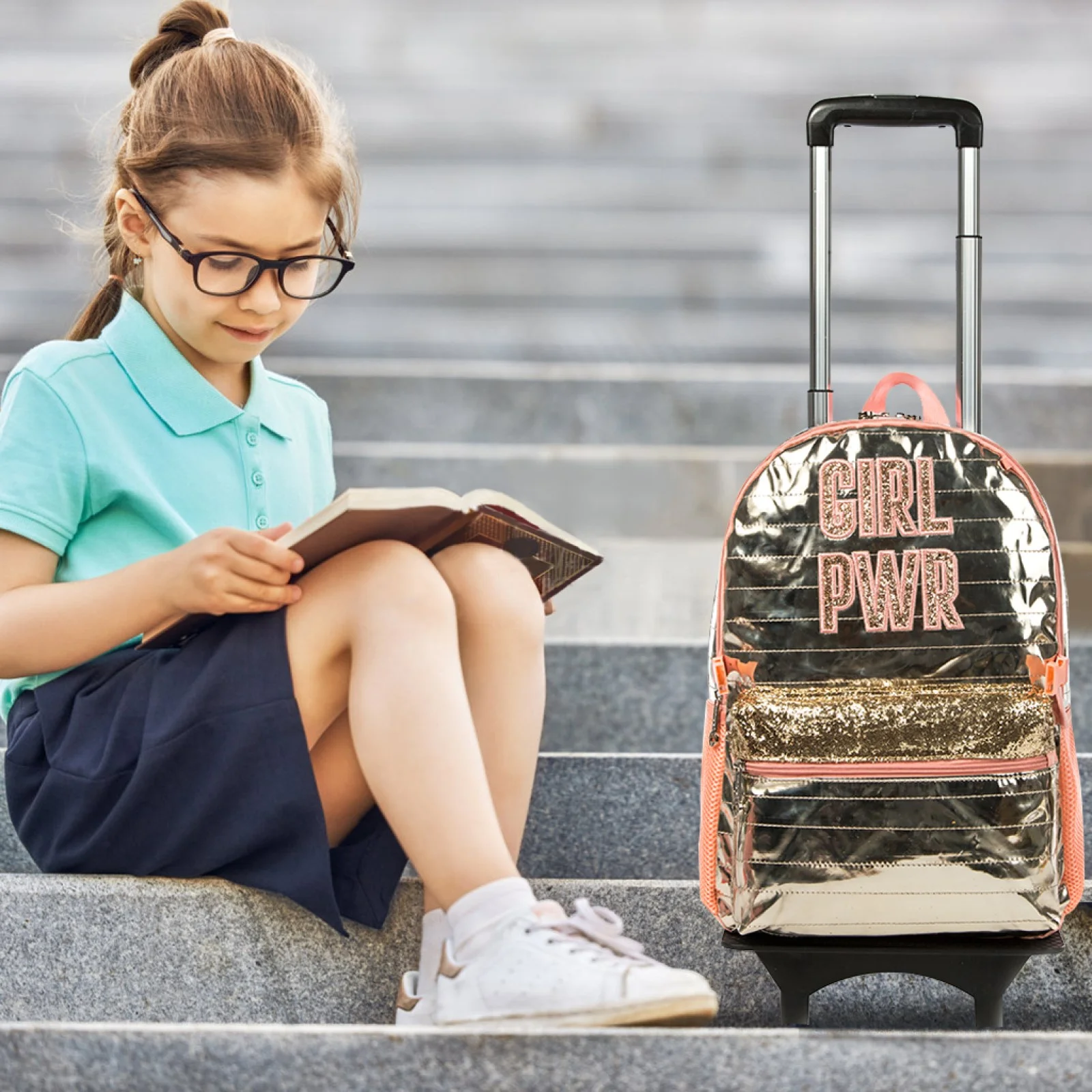 IvyH Kids Rolling Backpack,3pcs Set School Rolling Bookbag Sequin Daypack with Lunch Bag Pen Case,Golden Star