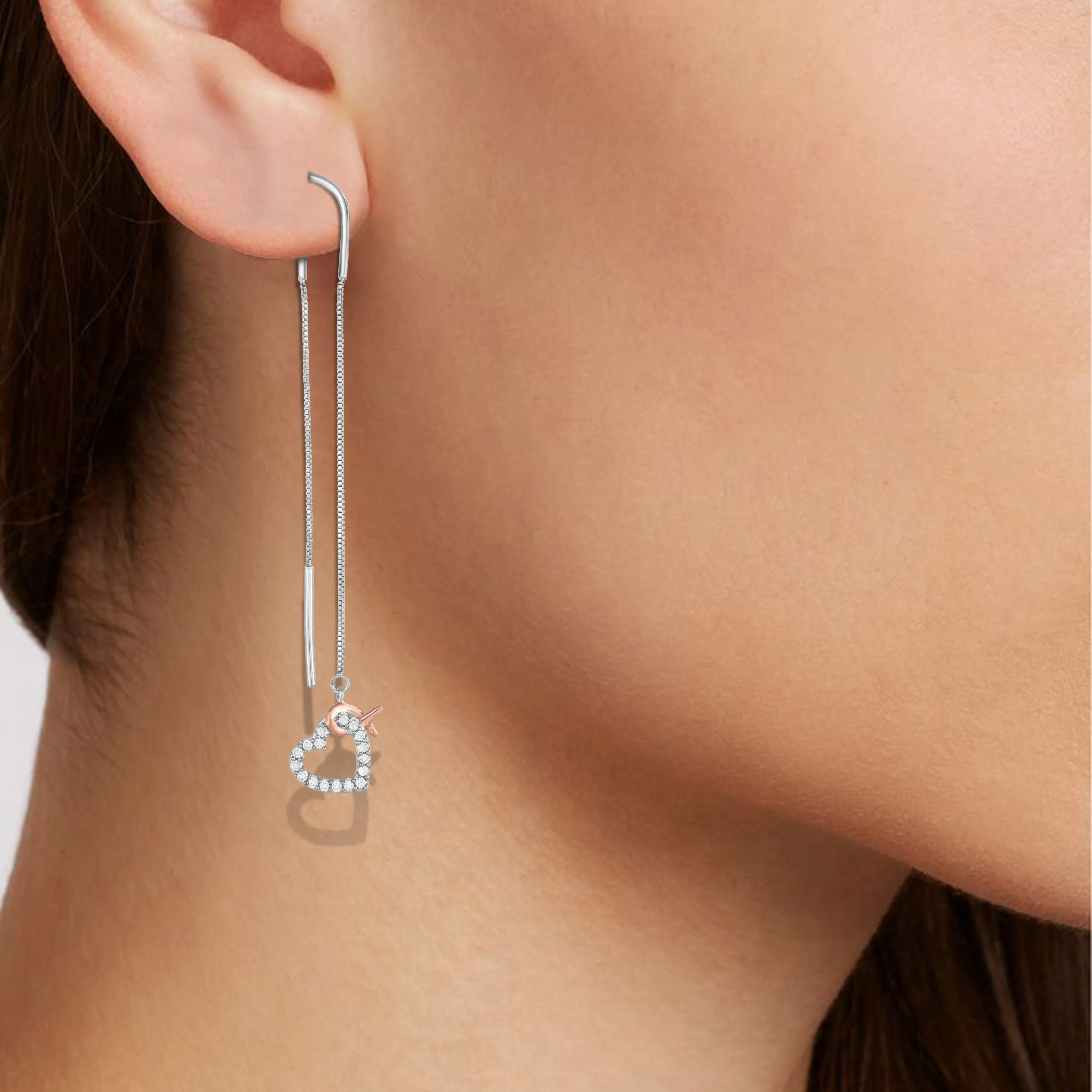 Natalia Drake 1/5 Cttw Diamond Pink Ribbon and Heart Dangle Threader Earrings for Women in Rhodium Plated Sterling Silver