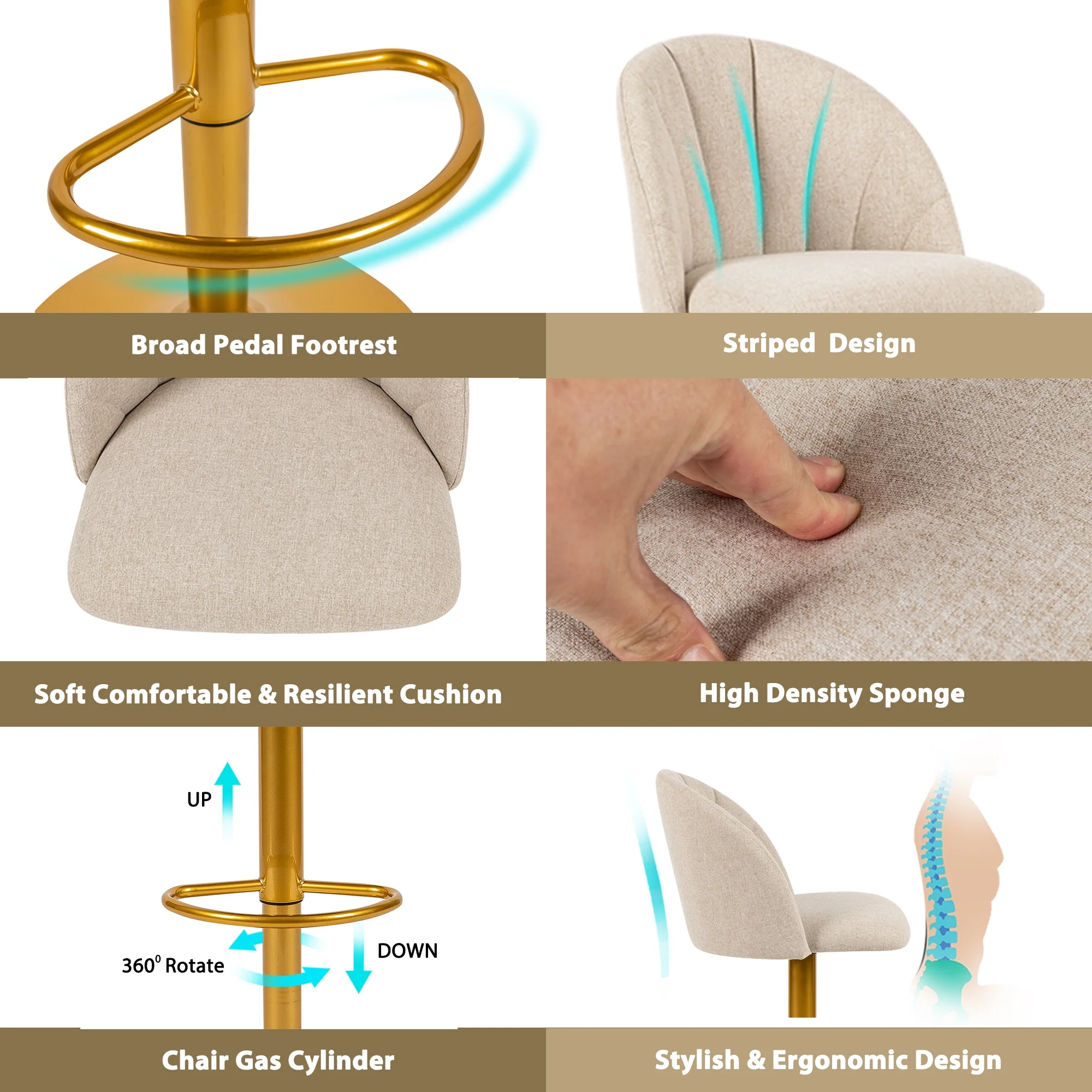 LEEJAY Linen Swivel Counter Height Bar Stools Set of 4,Adjustable Kitchen Island Stool with Gold Base,Beige