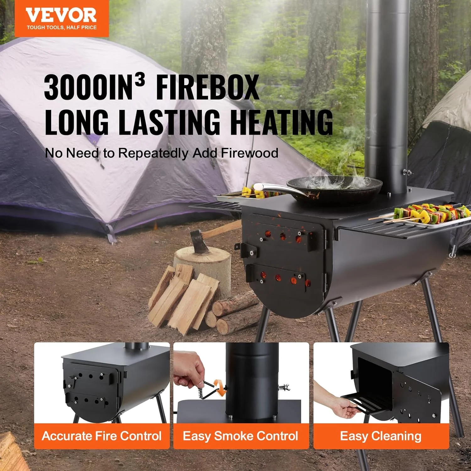 QCAI Wood Stove, 118 inch, Alloy Steel Camping Tent Stove, Portable Wood Burning Stove with Chimney Pipes & Gloves, 3000in³Firebox Hot Tent Stove for Outdoor Cooking and Heating with 8 Pipes