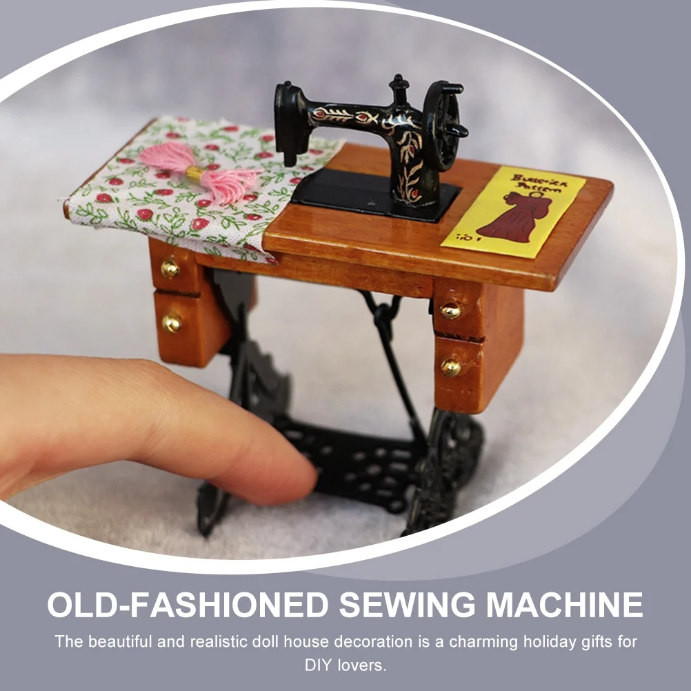 Furniture Vintage Toys Mini Stitching Machinery Dollhouse Sewing Machine Old Fashioned Wooden Metal Cloth