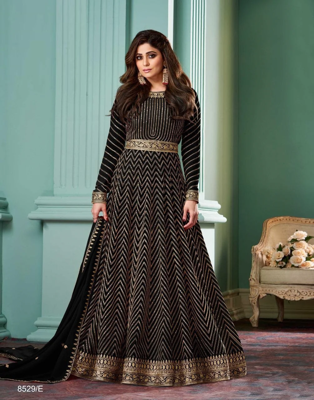 Black Long Lenght waist belt designer indian bollywood georgette sequin anarkali wedding dress