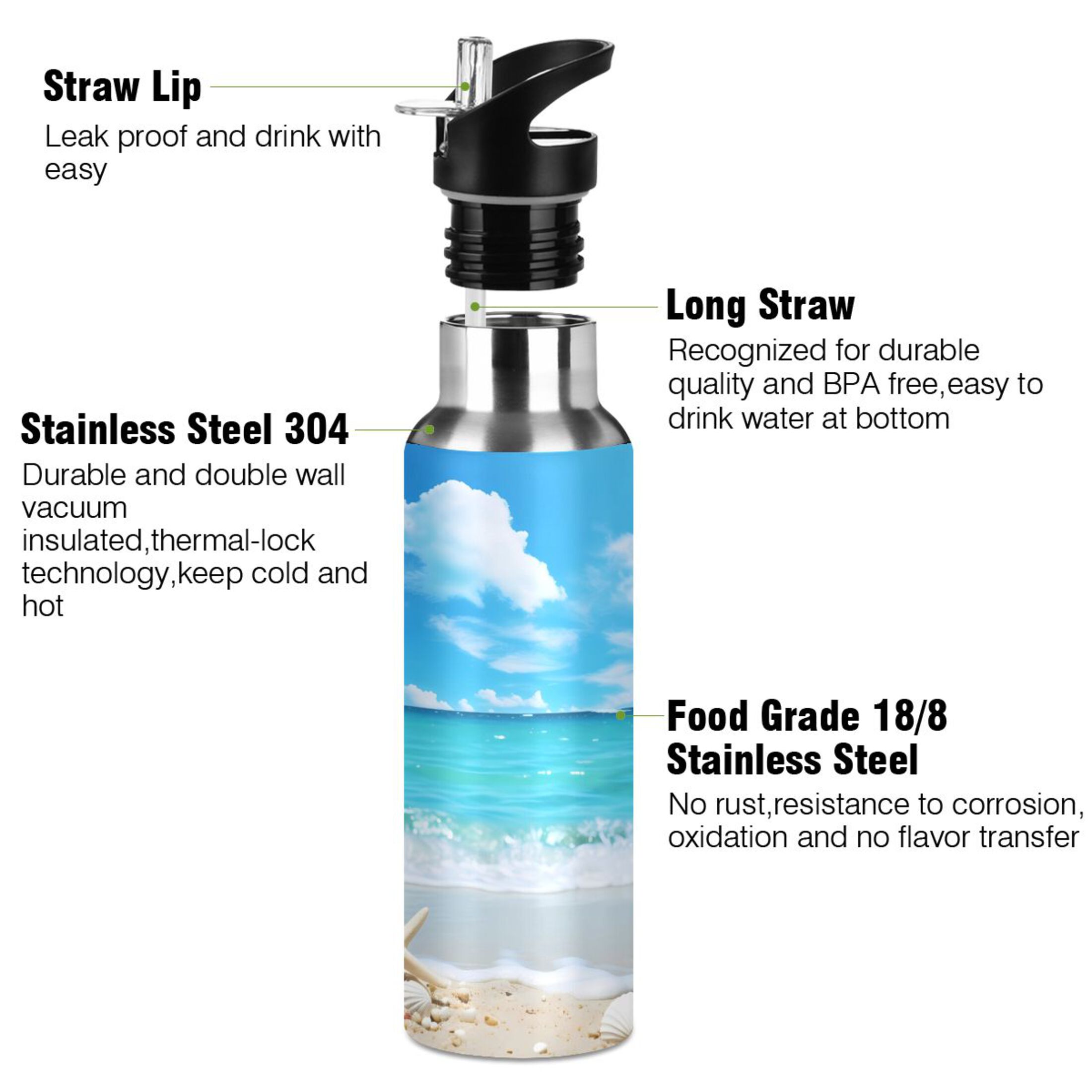 Sky Summer Sea Stars Beach Water Bottles Insulated Thermos Kids Stainless Steel Bottle with Straw Lid Flask Leakproof for Sports Gym 20 oz