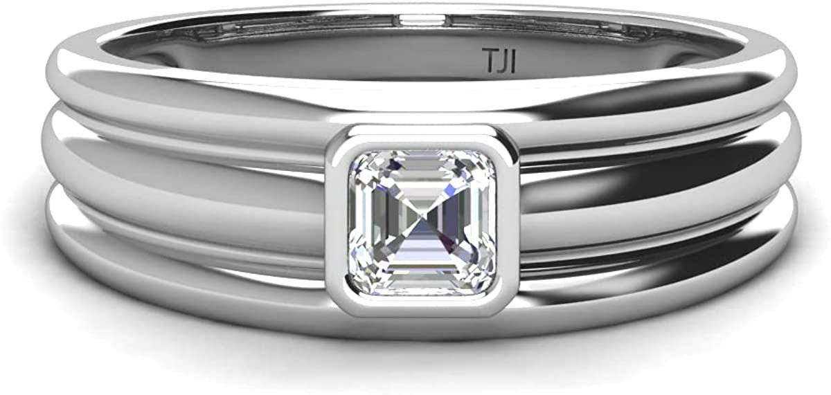 Asscher GIA Certified Natural Diamond 3/4 ctw High Polished Solitaire Men Wedding Band 14K White Gold-11.0