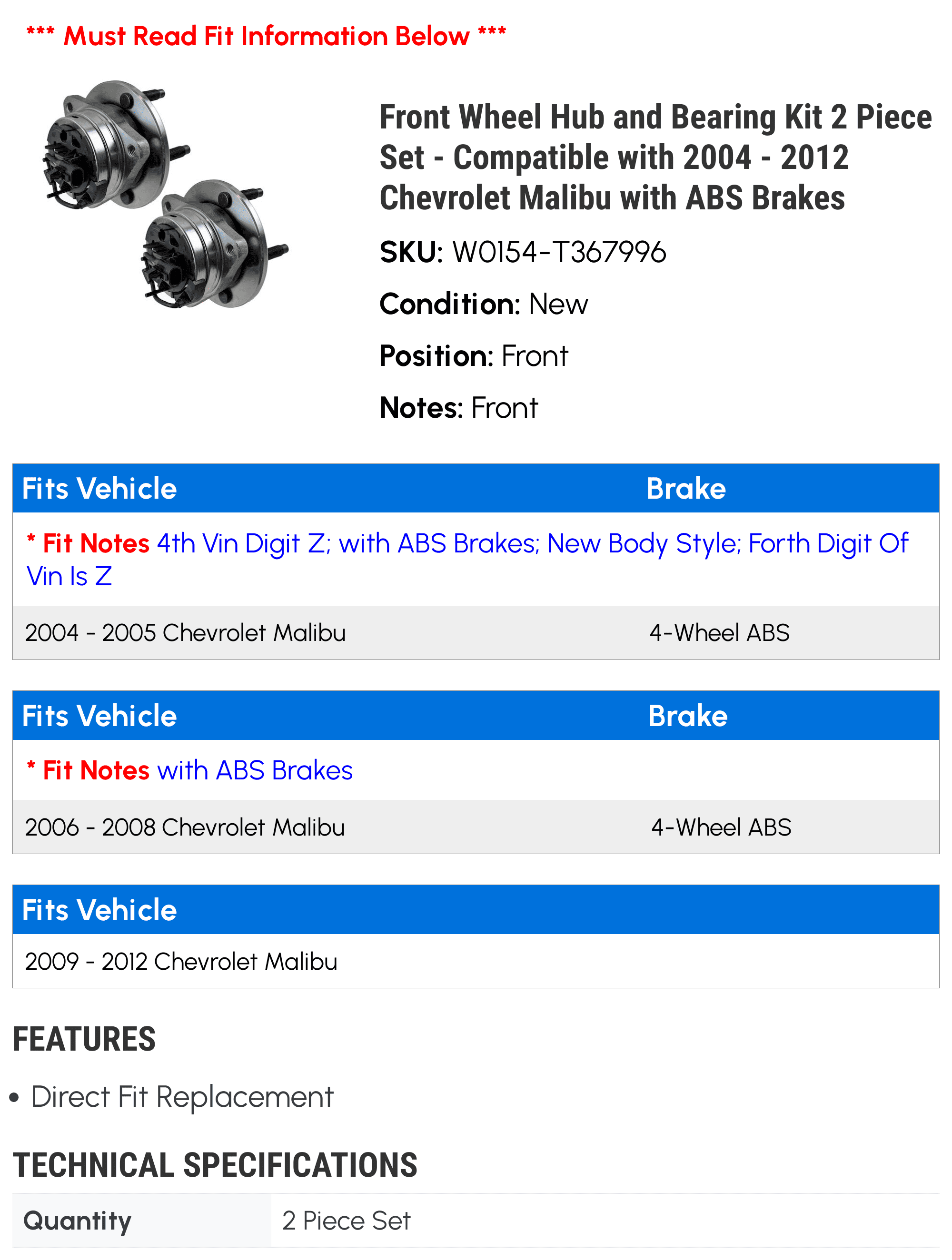 Front Wheel Hub and Bearing Kit 2 Piece Set - Compatible with 2004 - 2012 Chevy Malibu with ABS Brakes 2005 2006 2007 2008 2009 2010 2011