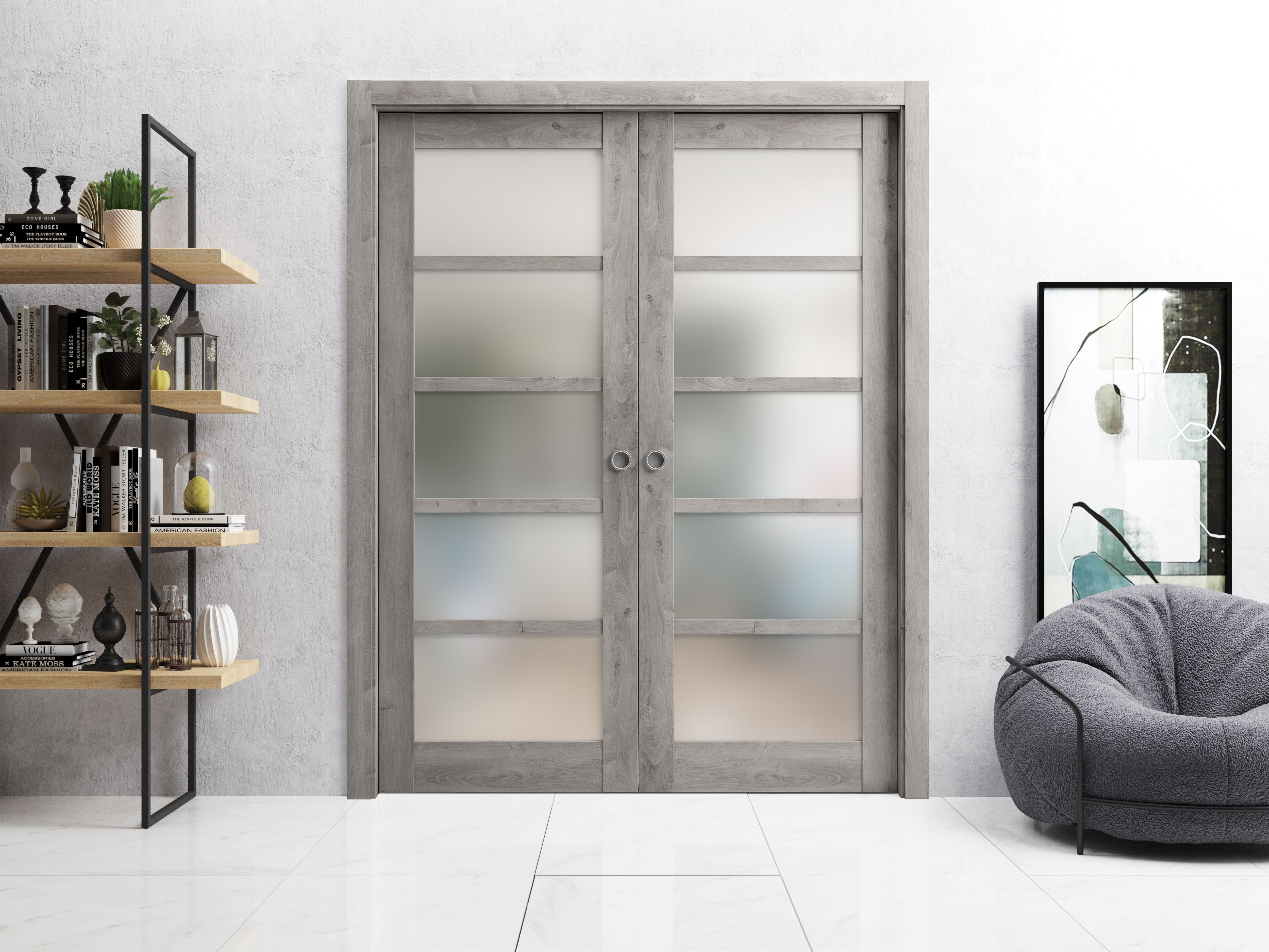 Sliding French Double Pocket Doors 36 x 84 inches | Quadro 4002 Nebraska Grey with Frosted Glass | Kit Trims Rail Hardware | Solid Wood Interior Bedroom Sturdy Doors
