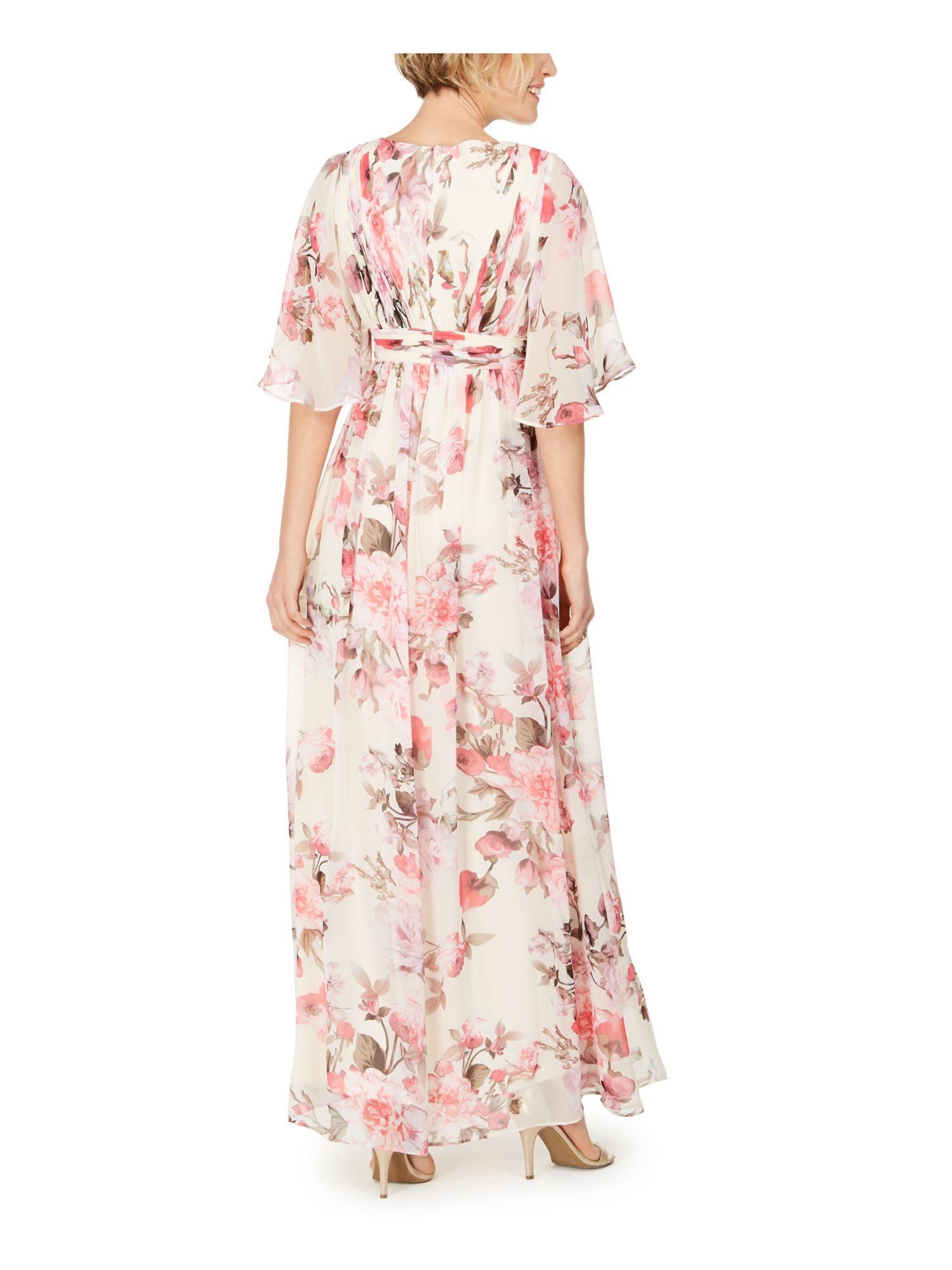 ADRIANNA PAPELL Womens Ivory Ruched Ruffled Floral Bell Sleeve V Neck Maxi Party Baby Doll Dress 8