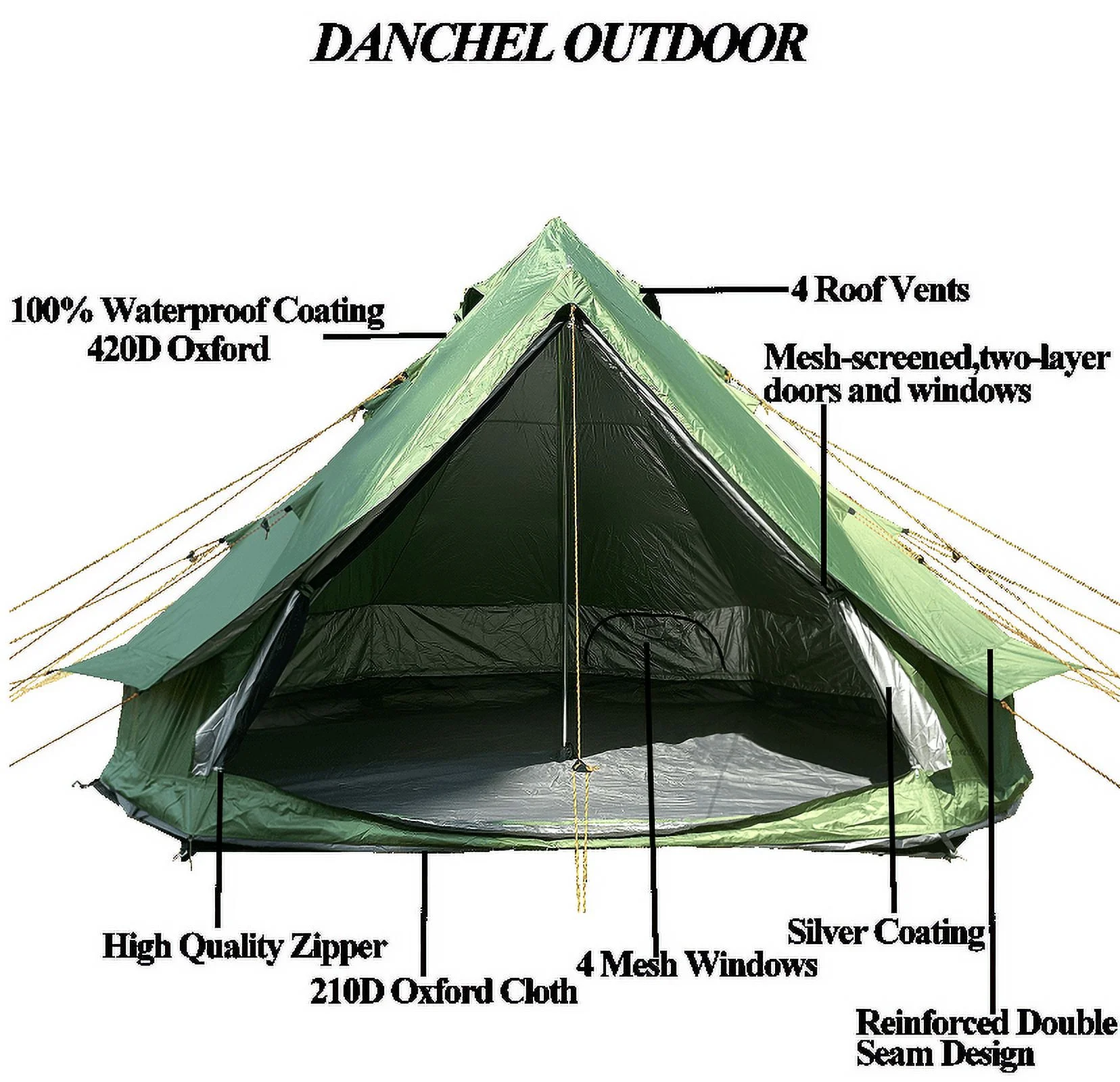 Outdoor waterproof 13.2ft/4M green B1 bell tent and black footprint, waterproof luxury yurt tent, easy to install and carry, suitable for 4-6 people family camping trip