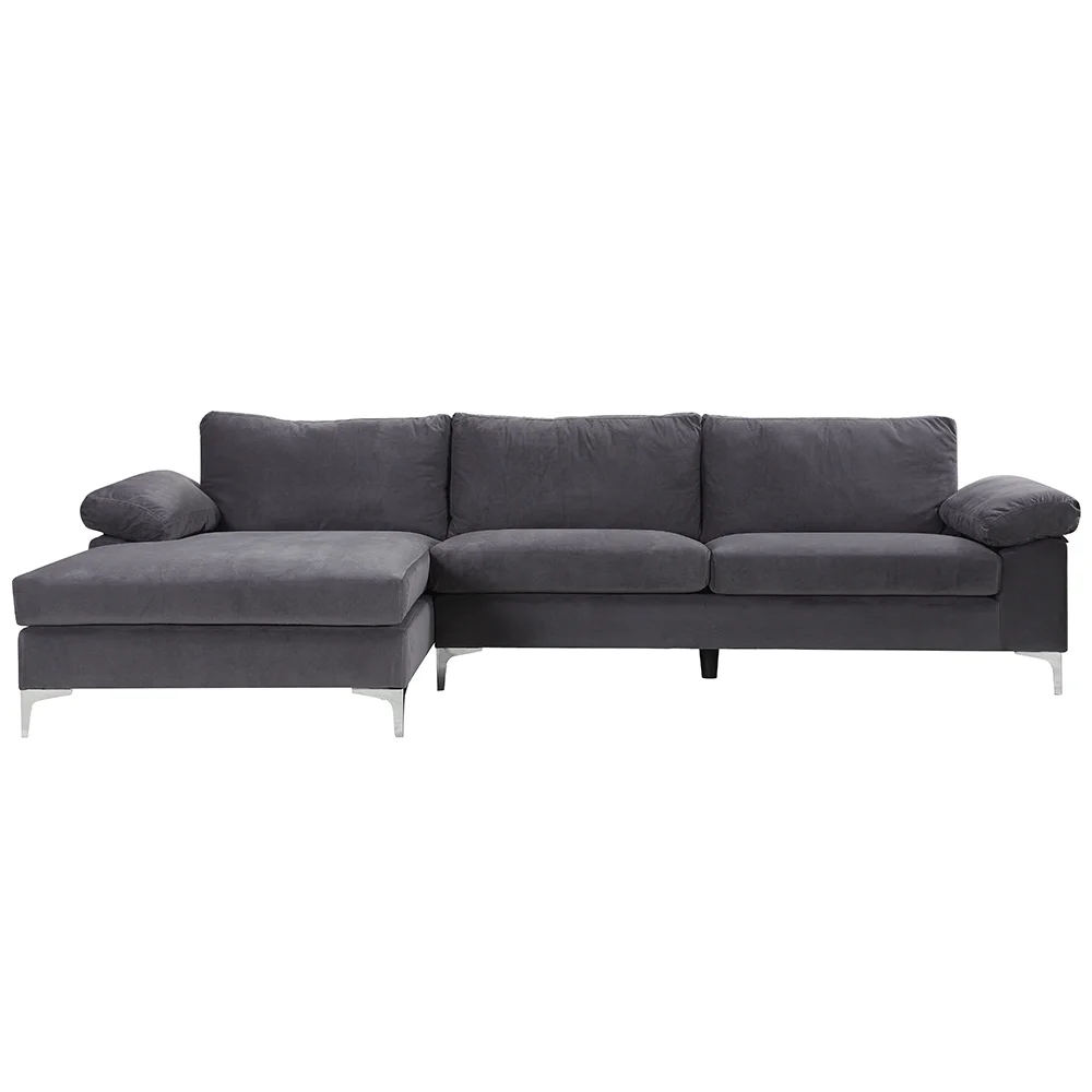 Modern Velvet Fabric Sectional Sofa, Large L-Shape Couch with Wide Chaise Lounge, Grey