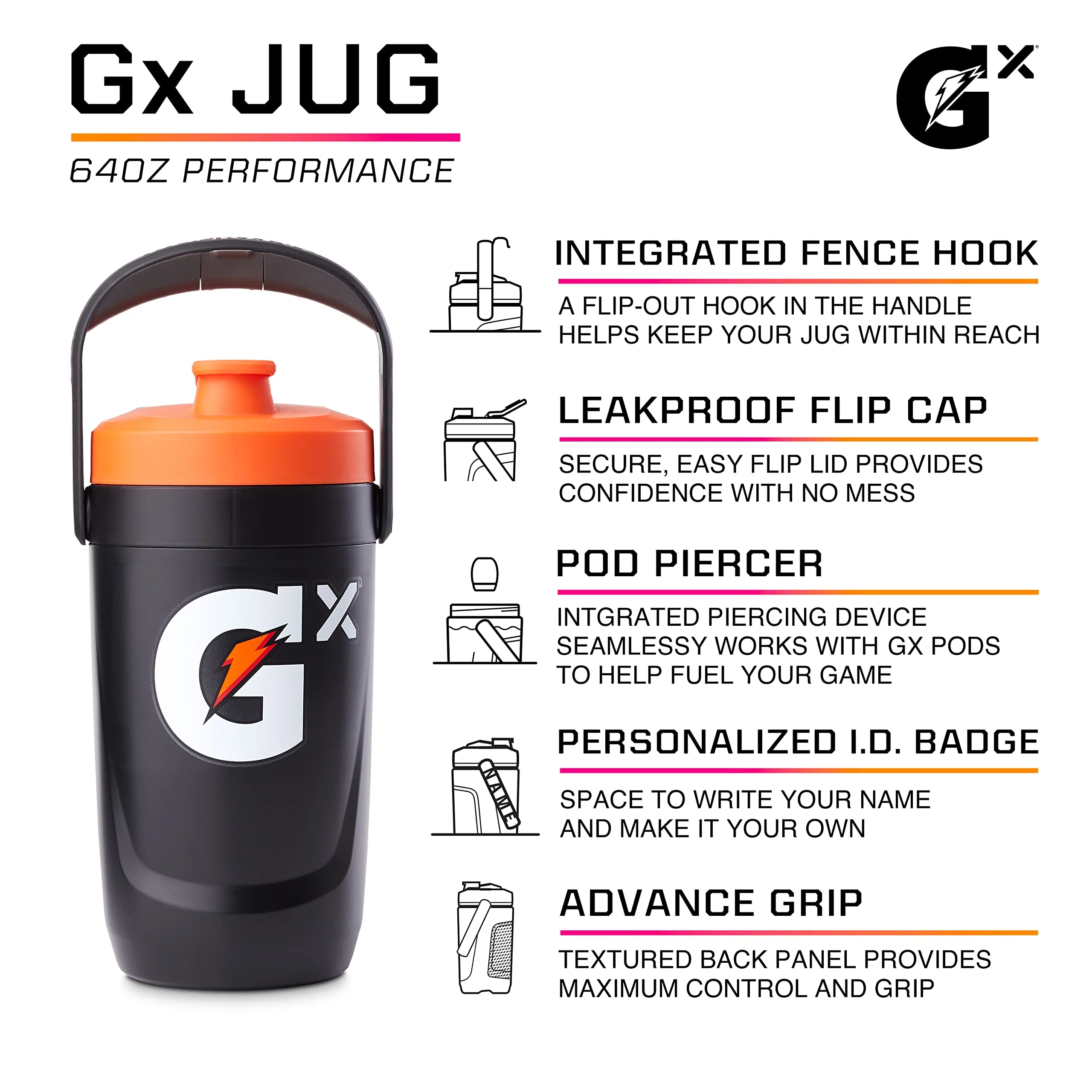 Gatorade Gx Performance Jug, 64Oz, Leakproof, Non Slip Grip, Great For Athletes, Black