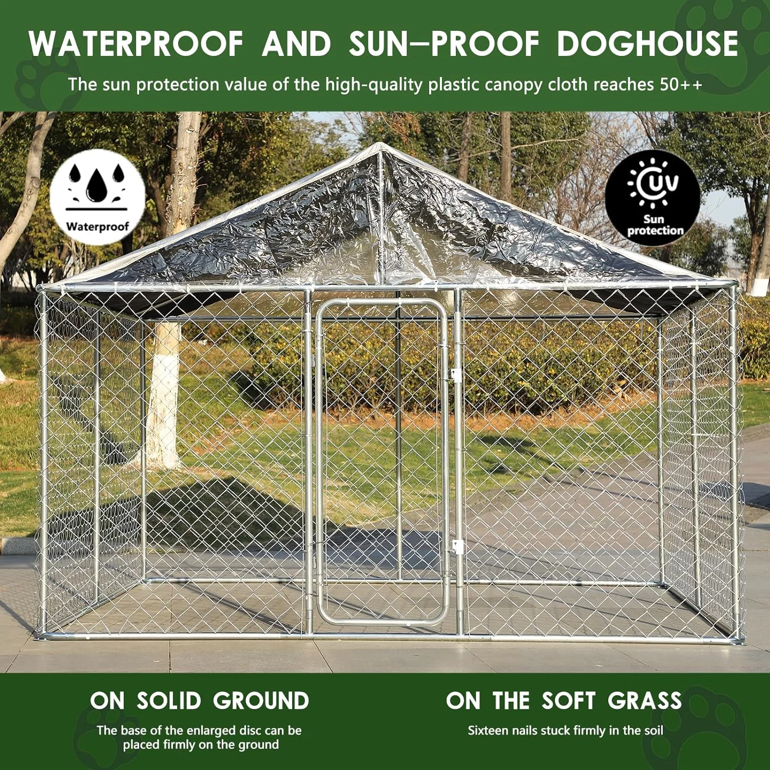 Magic Union Larger Size Metal Dogs Kennels Outdoor, 118'' L x 118'' W x 83'' H,Waterproof Anti-Ultraviolet roof Cover, Galvanized Steel Cage Fence Dog Playpen,Lockable Door for Outside Backyard Farm
