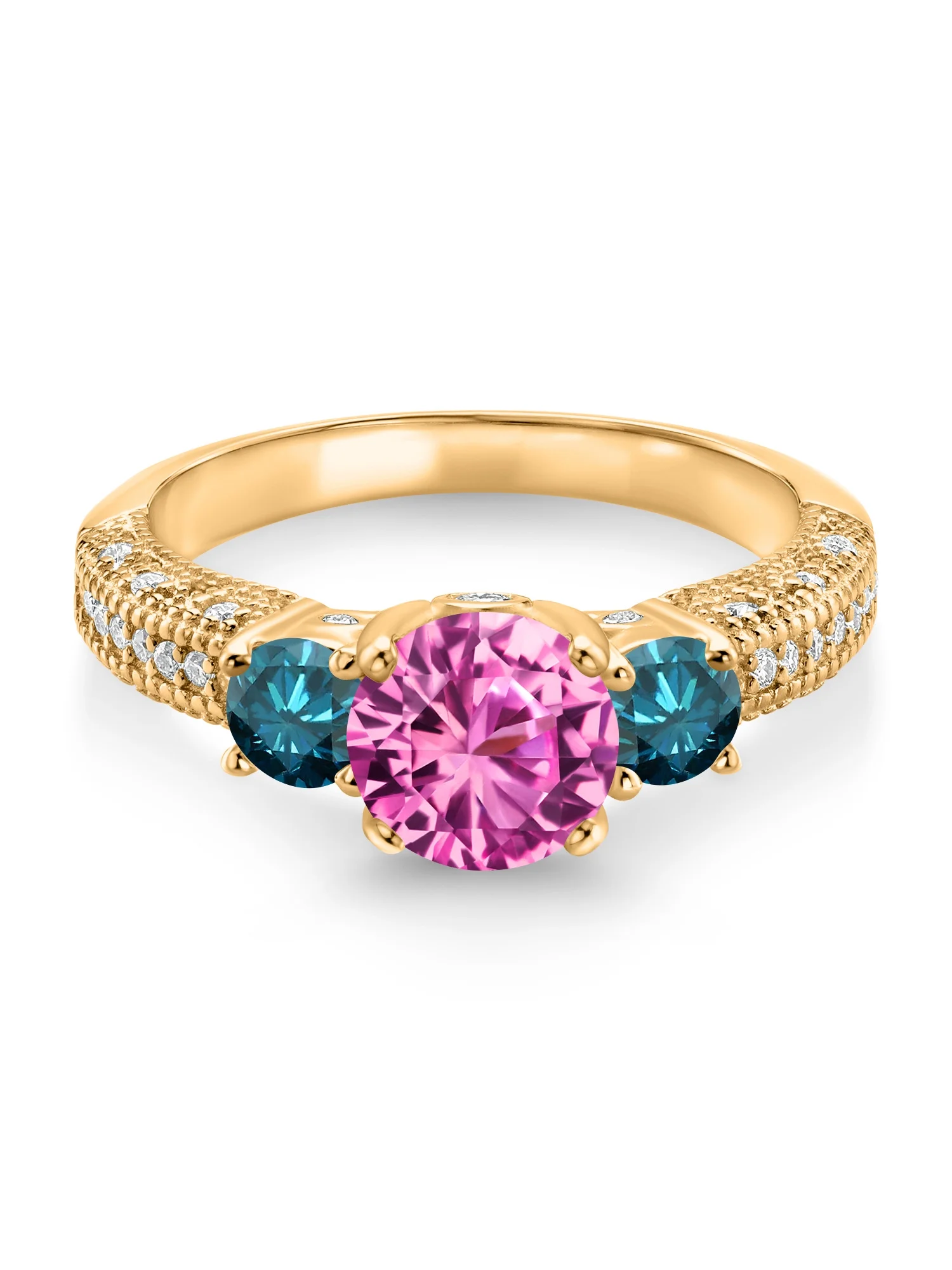 Gem Stone King 18K Yellow Gold Plated Silver Pink Created Sapphire Blue Diamond and White Moissanite Engagement Ring For Women (2.28 Cttw, Gemstone September Birthstone, Round 7MM and 4MM)