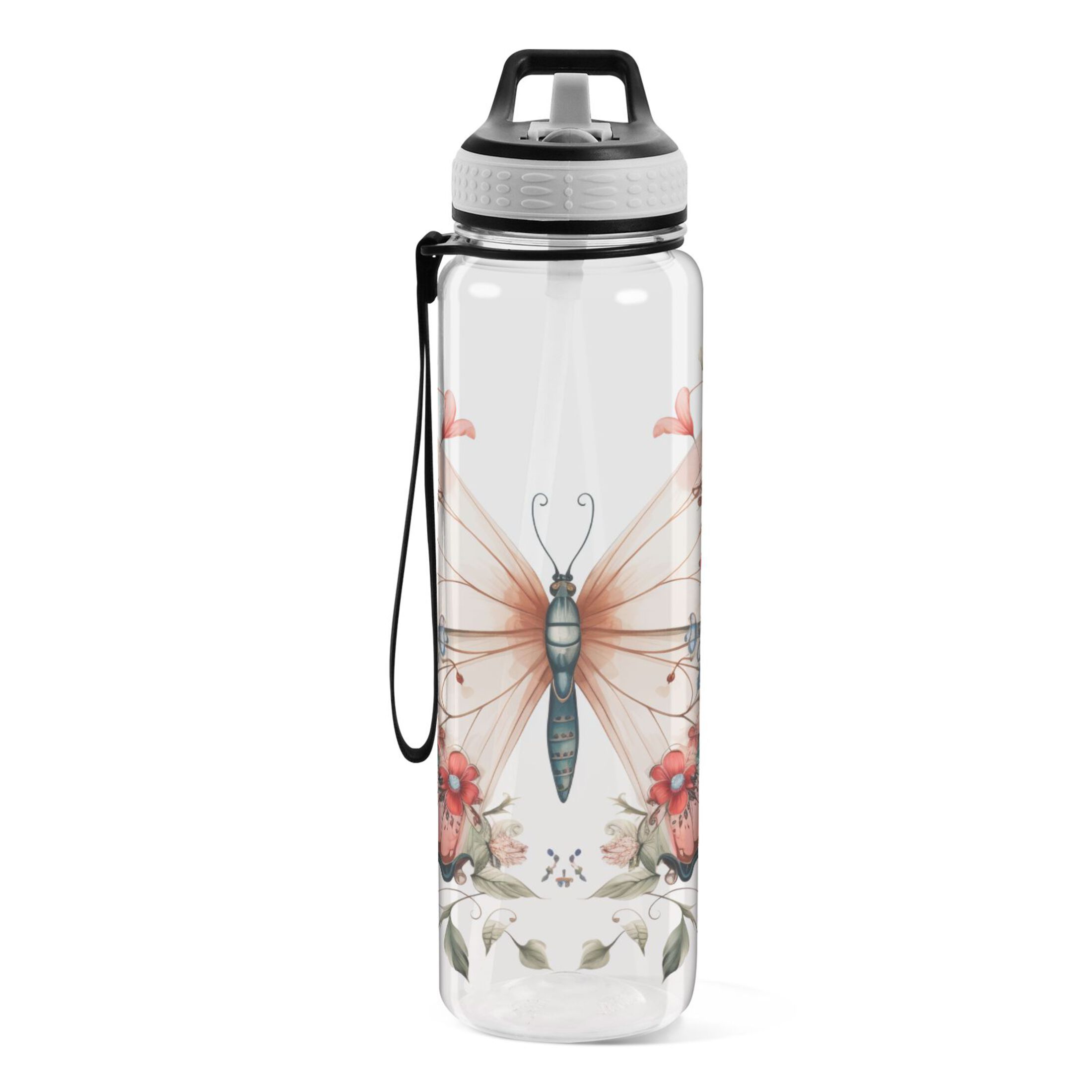 Floral on A Butterfly 32oz Sports Water Bottles Leakproof Tritan Bottle with Straw BPA Free Clear Bottle for Fitness Gym Outdoor Cycling