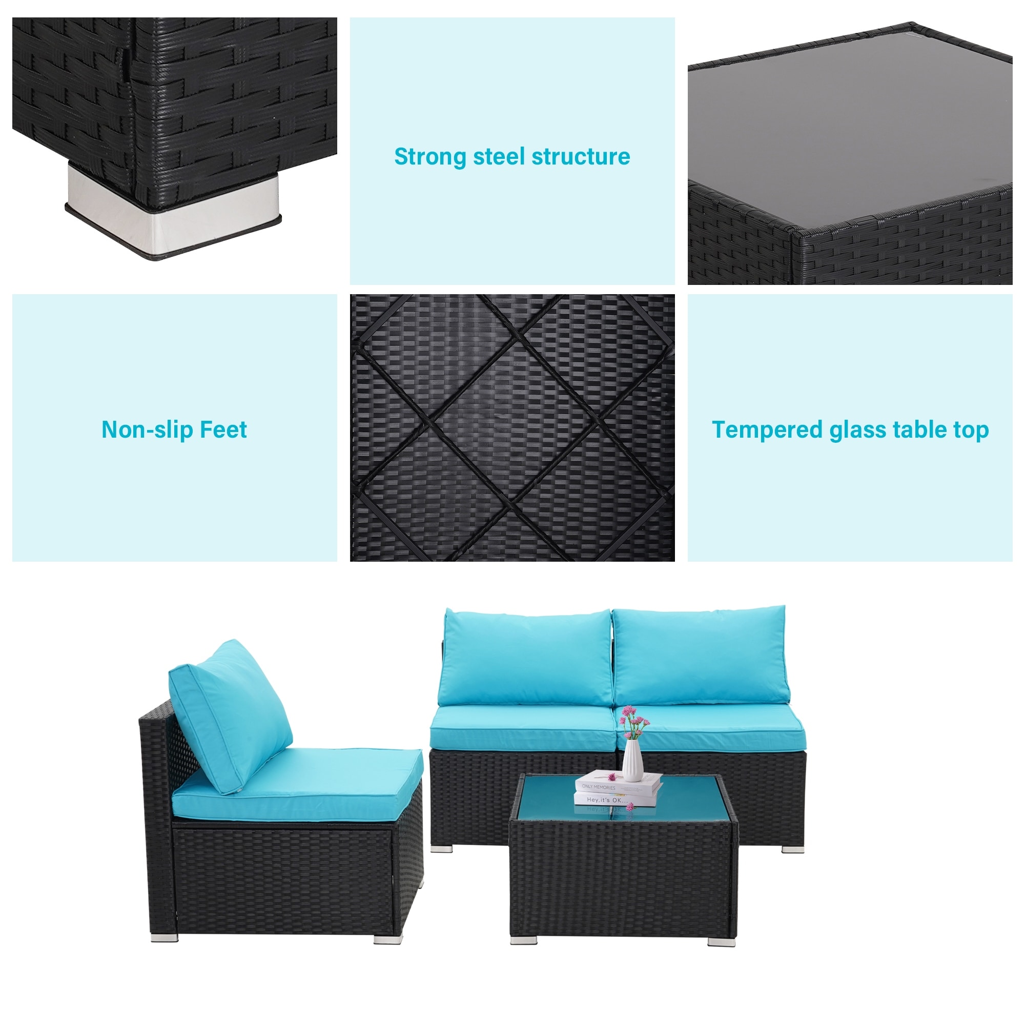 Zenova 4-Piece Rattan Sofa Sectional Set, Patio Furniture Set Blue