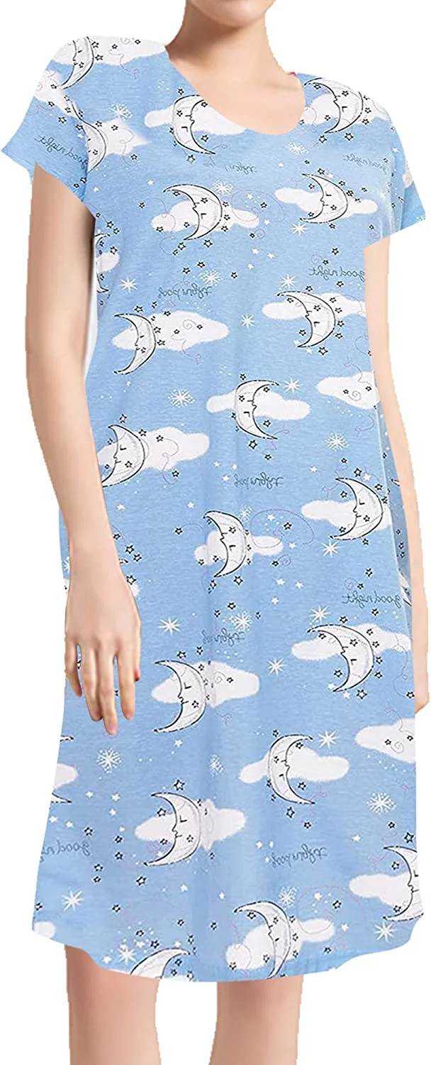Women's Cotton Nightgown Sleepwear Short Sleeves Shirt Casual Print Sleepdress Blue Moon XL