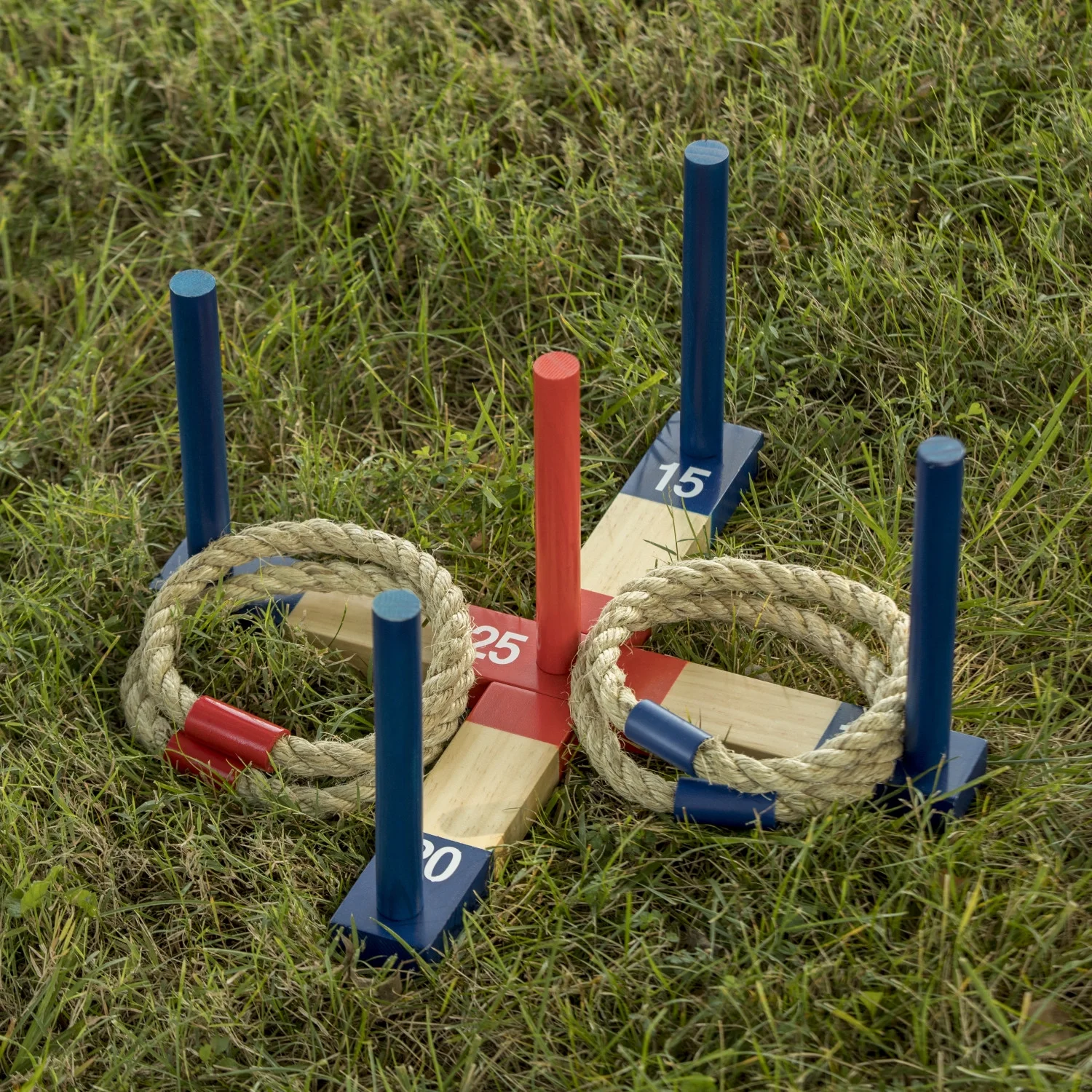 Triumph Compact and Portable Wood Ring Toss with 1 Wooden 5-Peg Target, 2 Red Rope Toss Rings and 2 Blue Rope Toss Rings