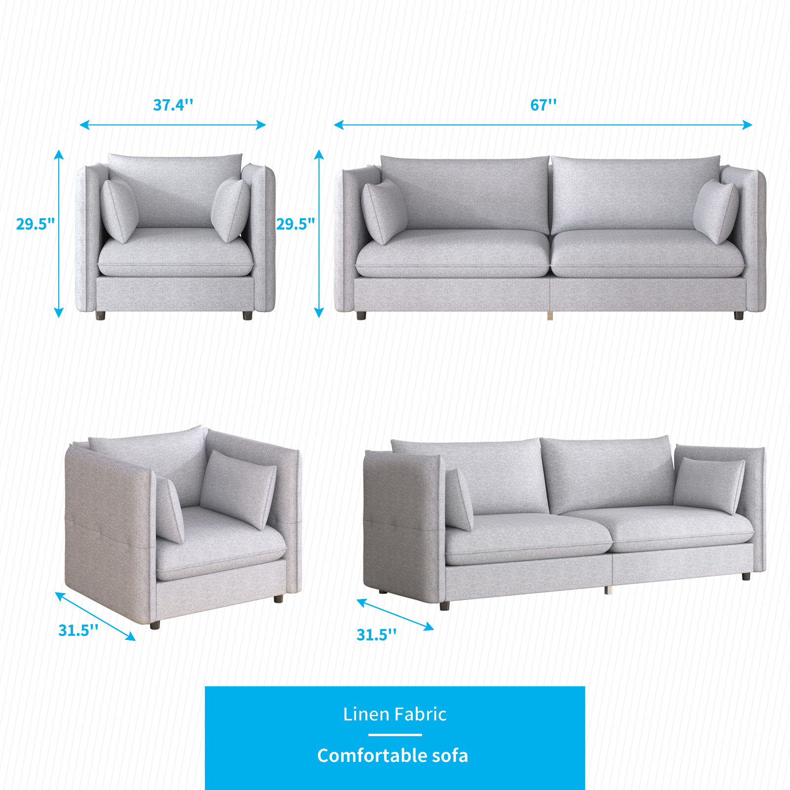 Mjkone Modern 2 Pieces Living Room Furniture Sofa Sets with Adjustable Armrest,Include Sofa&Single Sofa,Linen Fleece Upholstered Couch Set,Light Grey