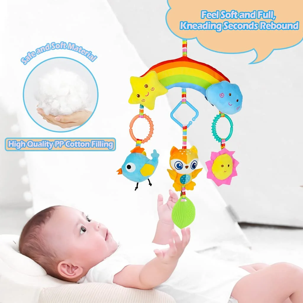 Baby Car Seat Stroller Toys, Hanging Plush Crib Toys Colorful Bell Soft Baby Sensory Rattles with Teether for Babies Boys and Girls 3 6 9 to 12 Months (Rainbow)