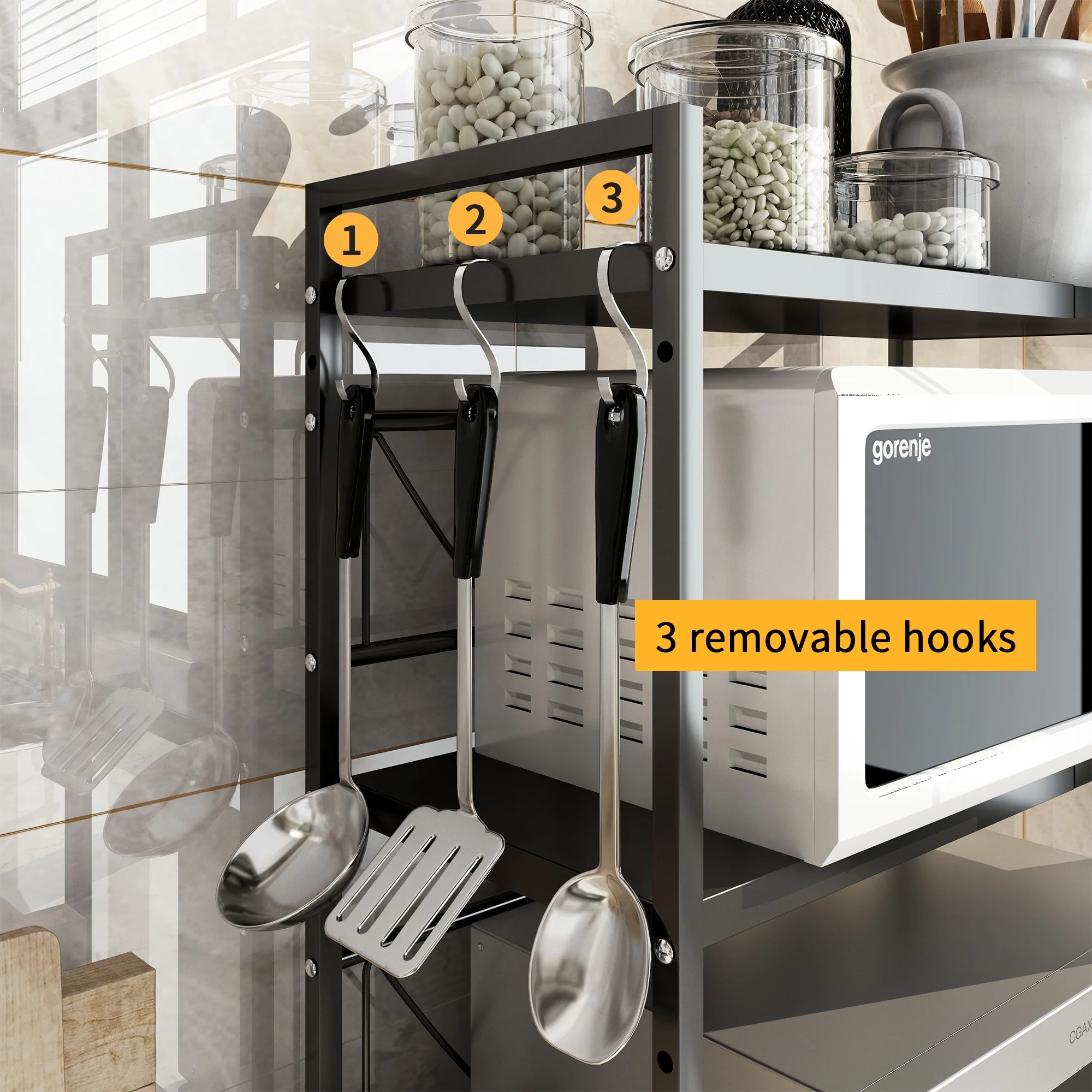 WHIFEA Expandable Microwave Oven Rack, 3-Tier Kitchen Counter Shelf and Organizer with 3 Hooks, Carbon Steel Microwave Shelf, 55lbs Weight Capacity, Matte Black (3tier Expandable&Height Adjustable)