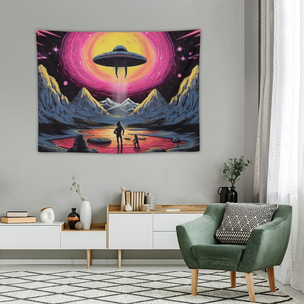 HOMICOZI  UFO Astronaut Tapestry, Unique Fun Alien Astronaut Galaxy Space Wall Art Tapestries, Starry Sky Forest Mountain Tapestries Wall Hanging Decor for Living Room Bedroom