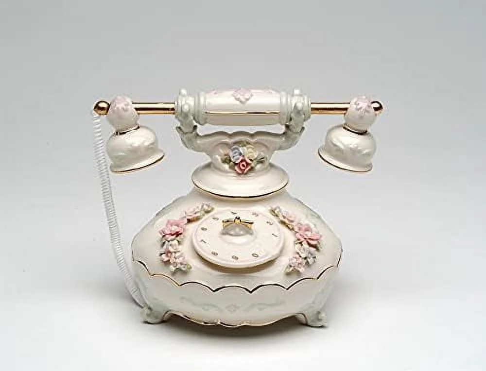Fine Porcelain Antique Victorian Nostalgia Telephone Music Box Musical Figurine, 6-1/4