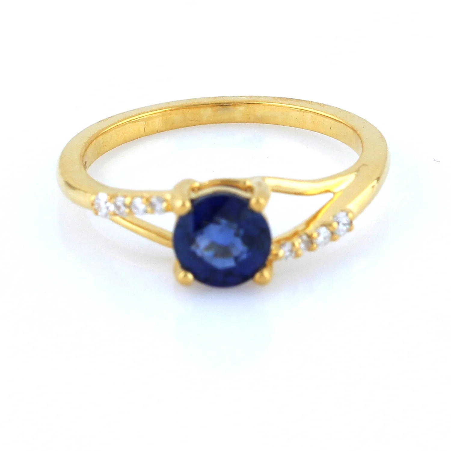 KIRAN FINE JEWEL Round Blue Sapphire CZ Diamond Solitaire Ring Yellow Gold Plated 925 Silver Wedding Band Ring Statement Jewelry