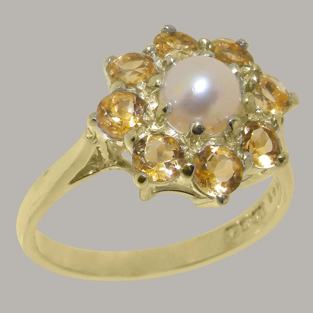 LBG British Made 14k Yellow Gold Cultured Pearl & Citrine Womens Statement Ring - 33 size options - Size 10