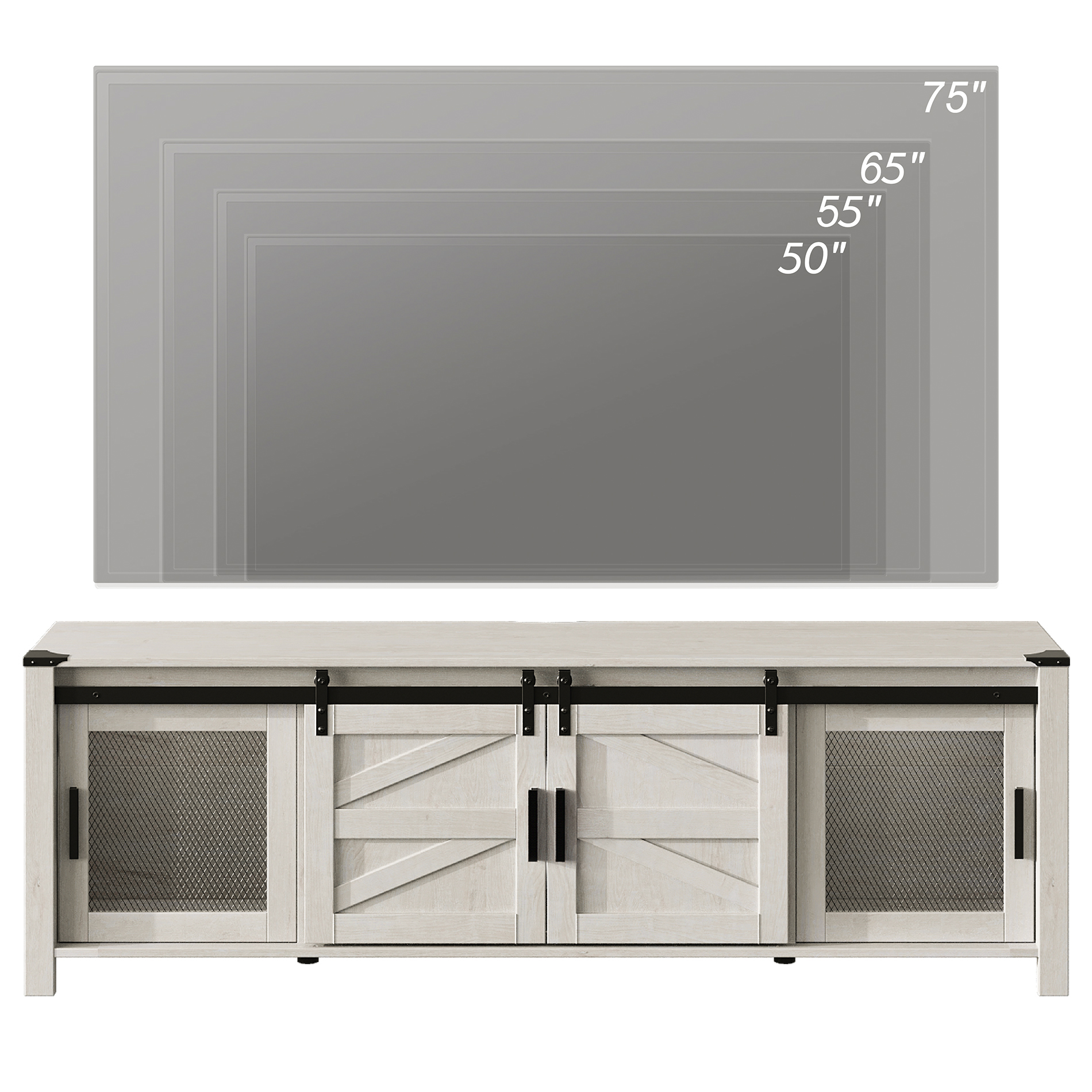 Farmhouse Modern Wood Entertainment Center for 75 Inch TV, Media TV Console with Sliding Barn Door and Storage Shelf for Living Room Bedroom，Wihte