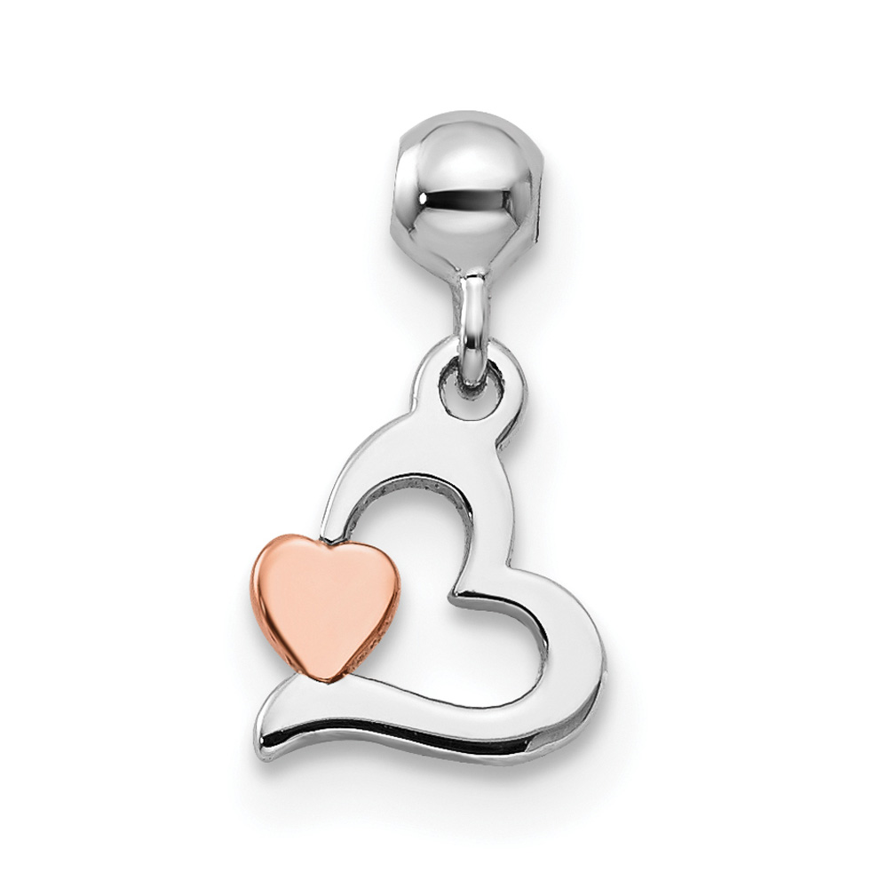 Carat in Karats Sterling Silver Rhodium-Plated Rose-Tone Dangle Heart Charm Pendant (12.2mm x 6.6mm) With Sterling Silver Rope Chain Necklace 20''