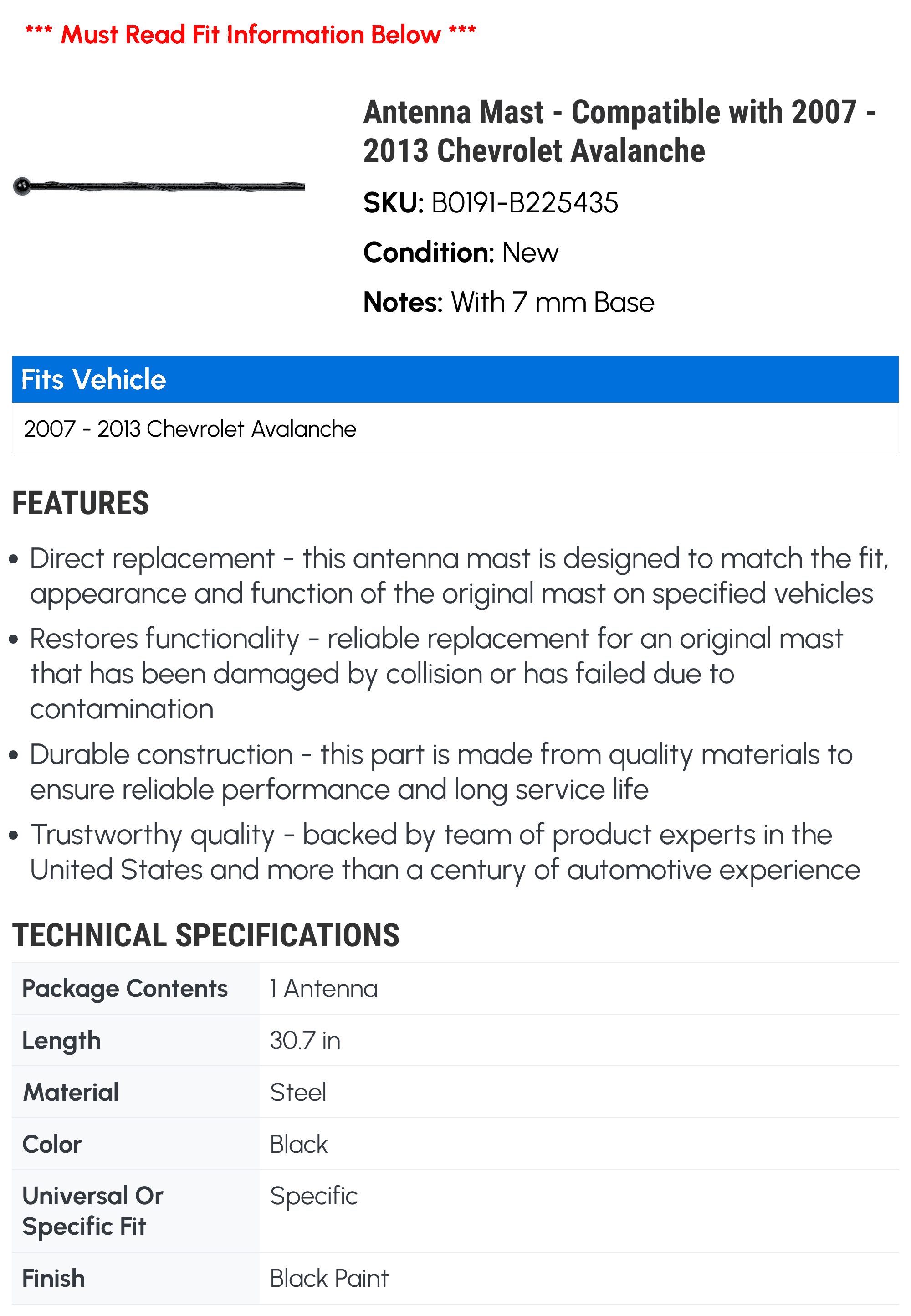 Antenna Mast - Compatible with 2007 - 2013 Chevy Avalanche 2008 2009 2010 2011 2012