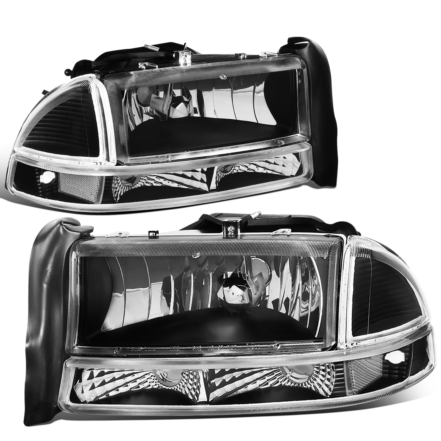 DNA Motoring HL-OH-DD974P-BK-CL1 For 1997 to 2004 Dodge Dakota Durango 4pcs Replacement Headlight Bumper Lamp Black Housing Clear Side