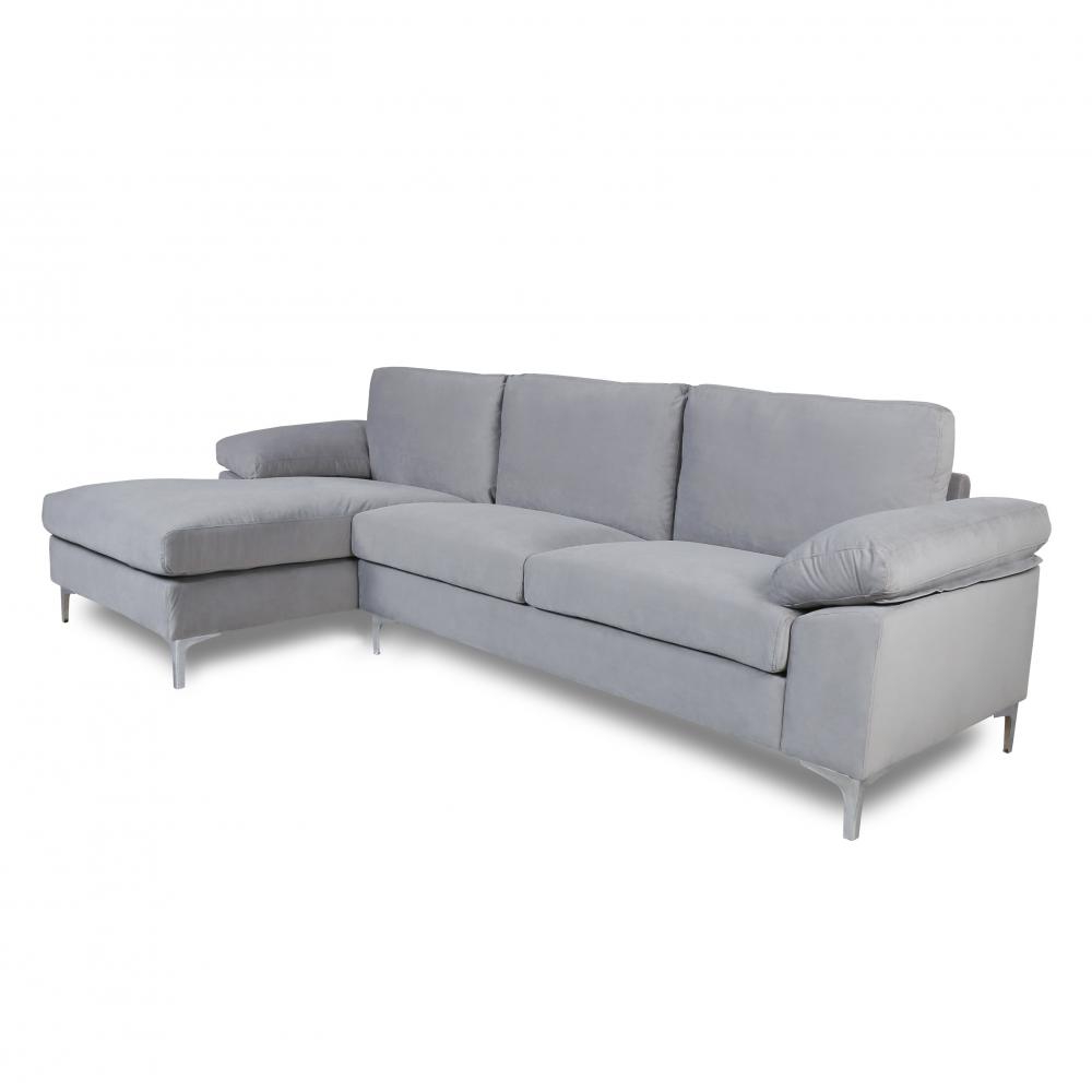 Modern Velvet Sectional Sofa with Extra Wide Chaise Lounge, L-Shaped Fabric Couch for Living Room,Metal Legs, Grey Couch